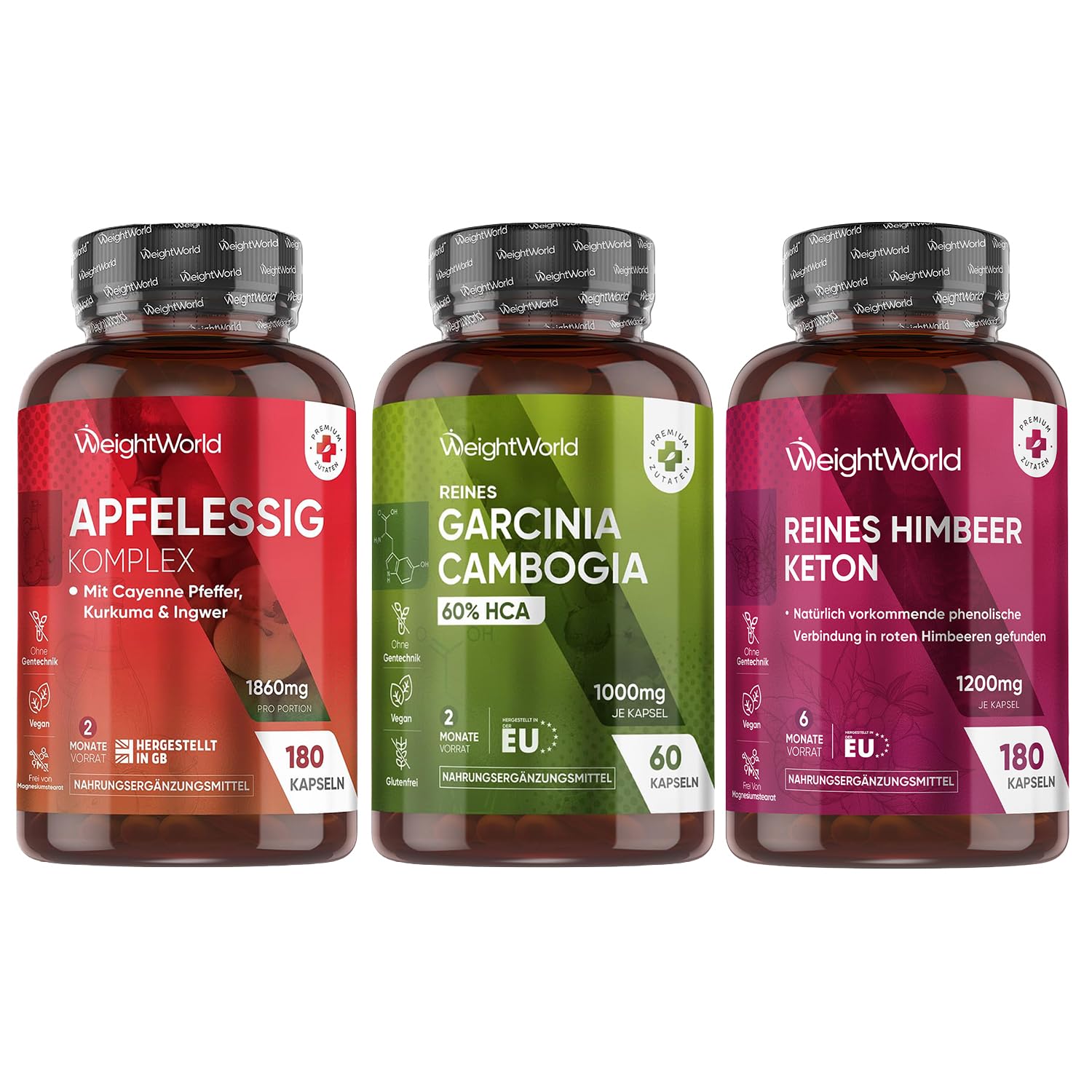 Apfelessig Kapseln + Garcinia Cambogia + Himbeer Ketone - 1860 mg Apfelwein Essig Komplex + 1000mg Garcinia Cambogia Fruchtextrakt + 1200mg Raspberry Ketone Pulver - Vegan & Glutenfrei - WeightWorld