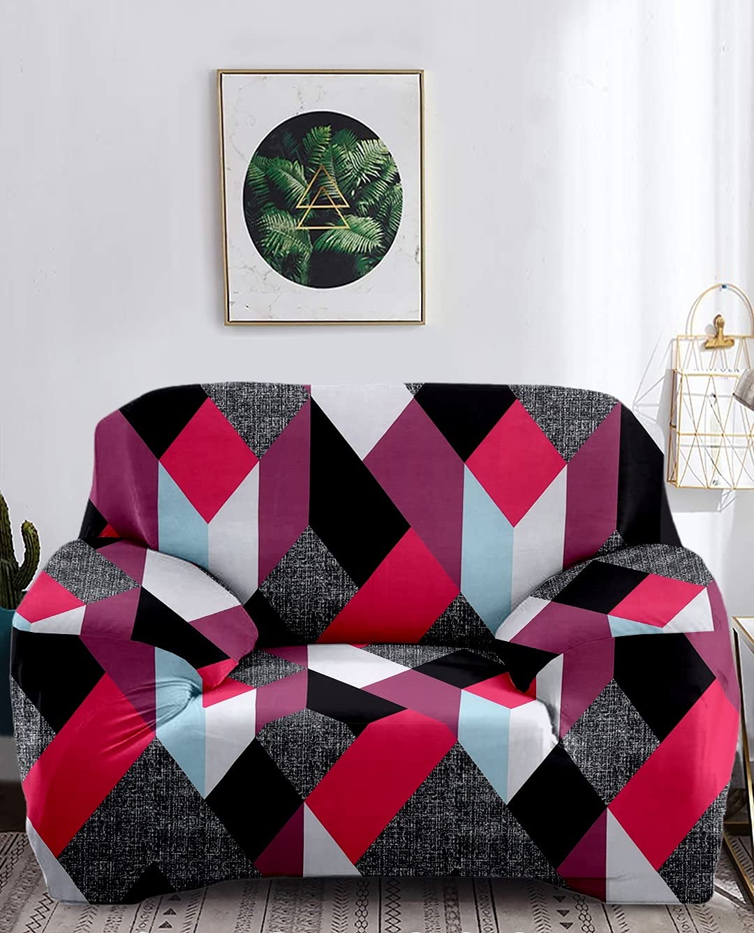 Cortina Sofa Cover Single Seater | Geometry Print | Polyester Spandex Fabric | Machine Washable | Couch Covers, Suitable for Home, Office, Functions | Soft, High-Density Fabric | Durable | Pink-image-48