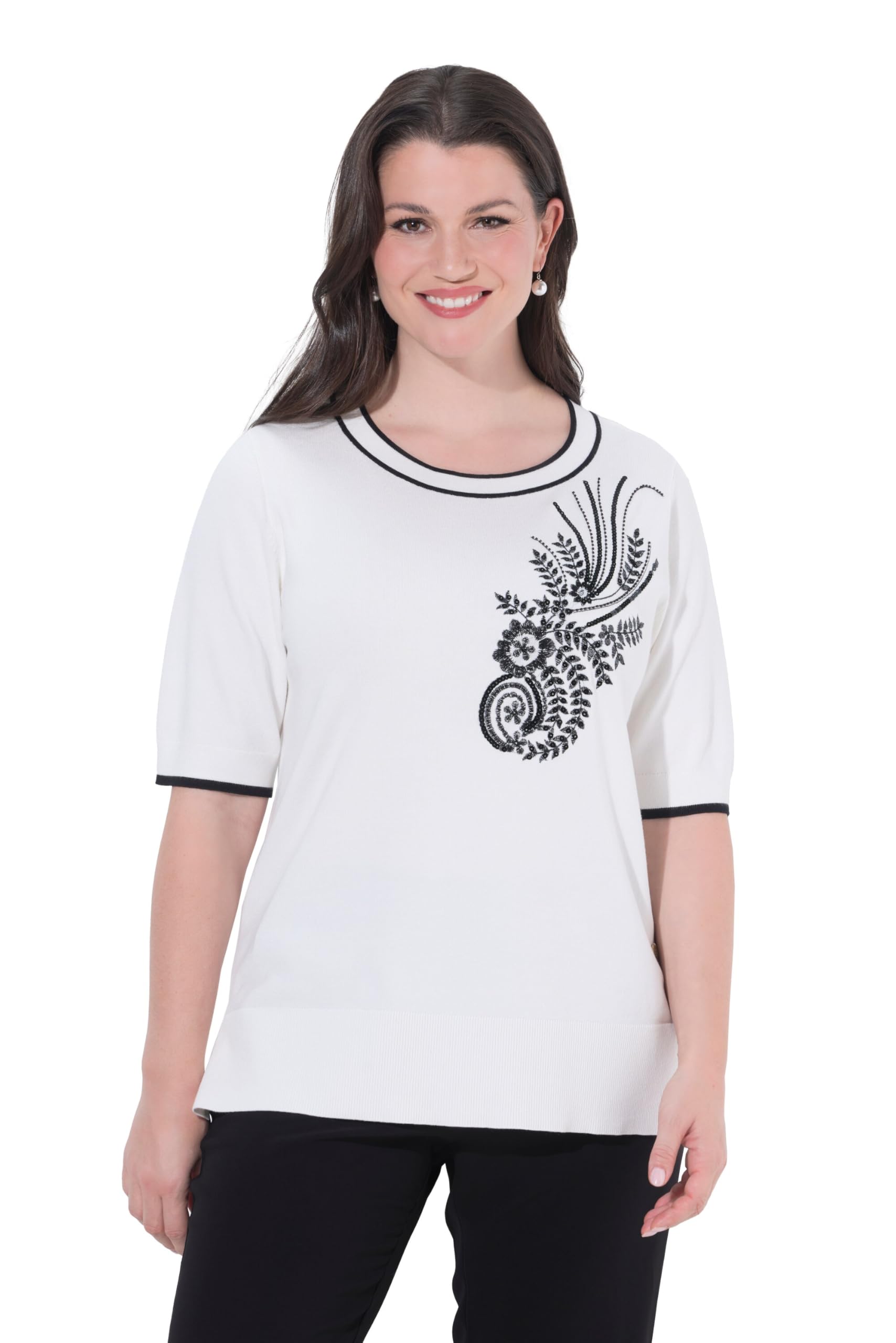 Ulla Popken Damen große Größen Übergrößen Plus Size Twinset-Pullover, Pailletten-Stickerei, Rundhals, Halbarm 847962