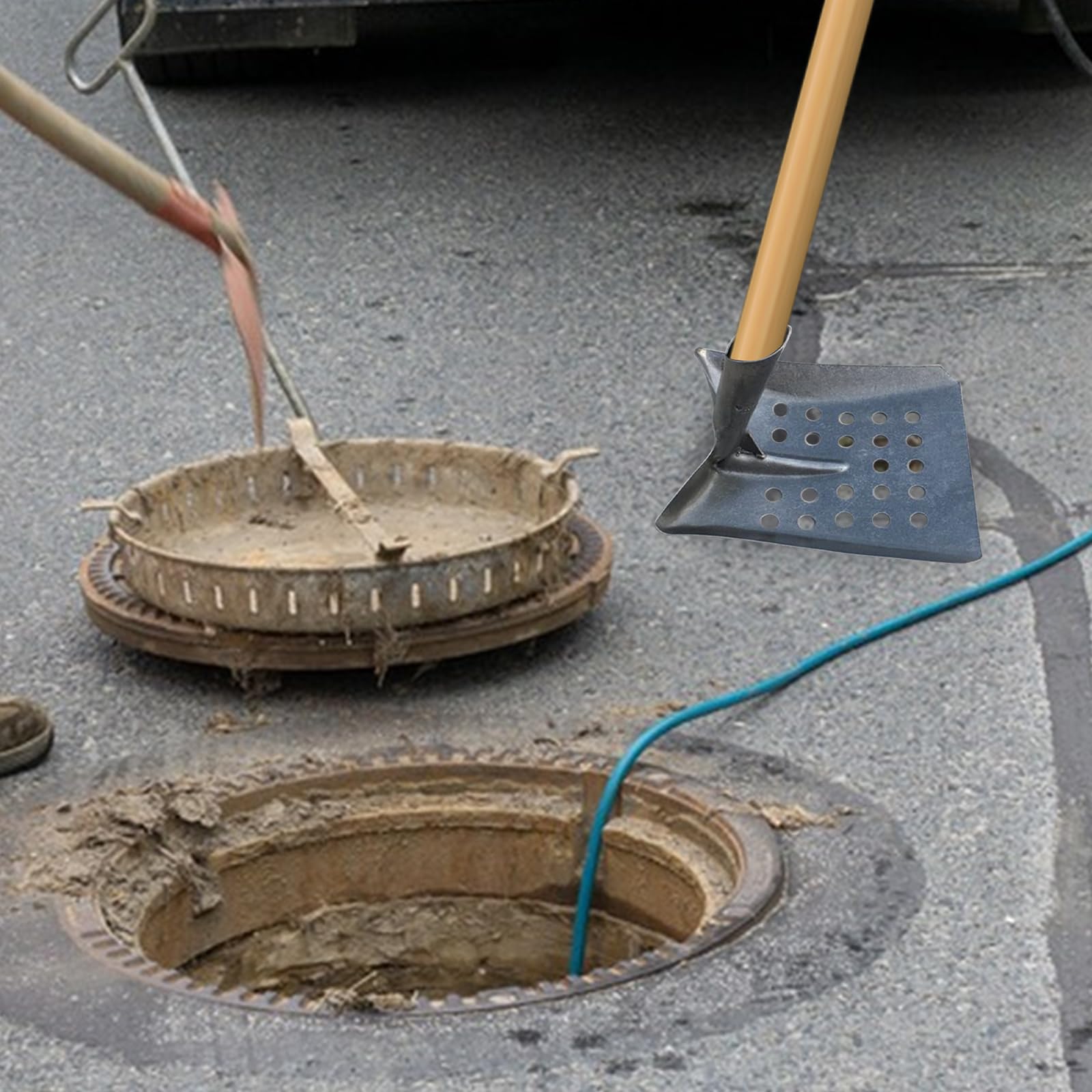 Pala de limpieza de metal para granja, colador de estiércol de aves de corral, pala subacuática, herramientas para limpieza de canales, pala de arena, pala de drenaje (cuadrada)