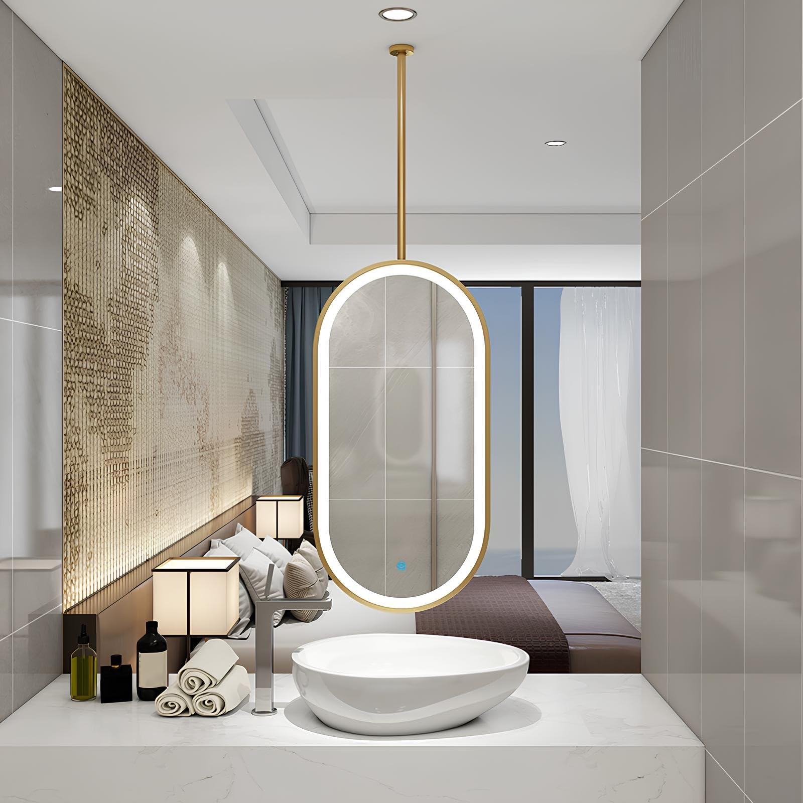 FGXHHS Oval Ceiling Hanging LED Mirror, Decorative HD with Touch Button, 3 Colors Dimmable Lights Floating Suspended Mirrors for Living Room Hallway Bedroom(Gold,50x80cm/19.7x31.5in)