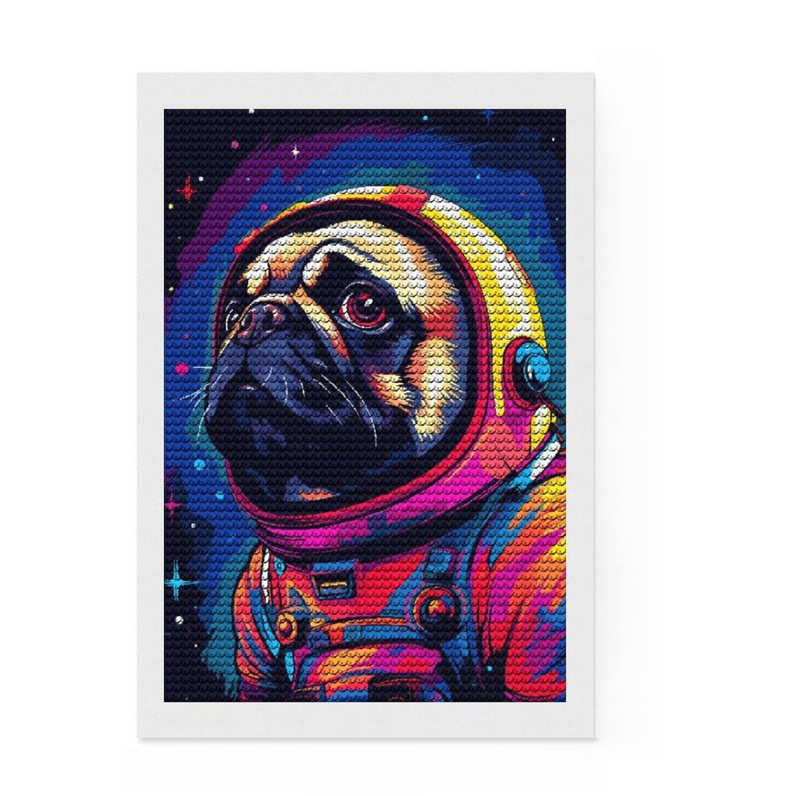 Junmoney Pug Spaceman Pixel Art Diamond Painting Set 8"x12", Sparkling Round Gems, Satisfying Creative Project, Fun Craft Experience, Office Decor