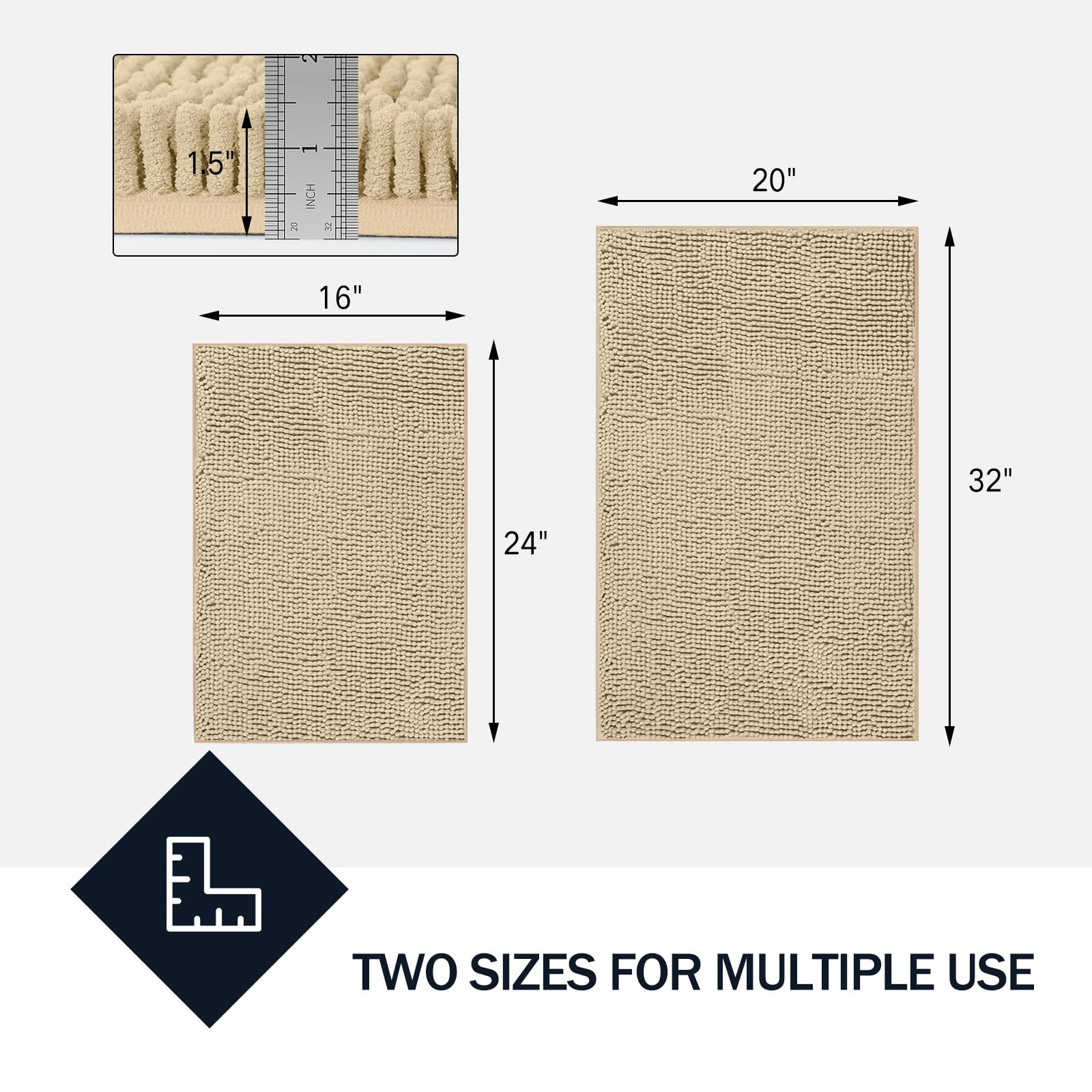 LINLA Juego de 2 alfombras de baño de felpilla suave, absorbente, antideslizante, de secado rápido, lavable, para suelo, bañera y ducha, 32 x 20 pulgadas, 24 x 17 pulgadas, color beige