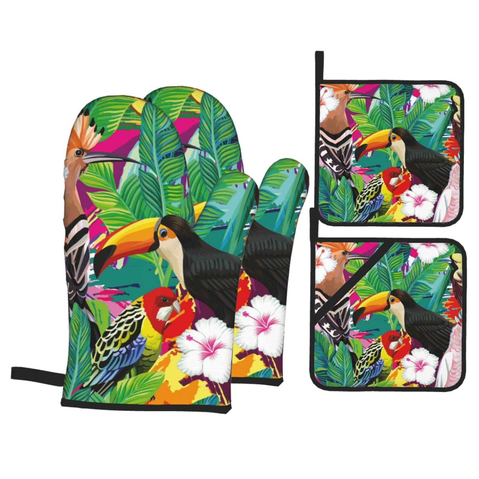 Tropical Birds and Plant Leaf Print Kitchen Baking Four Piece Set of Heat Resistant Thick Cotton Oven Mitts for Cooking, Baking and Grilling