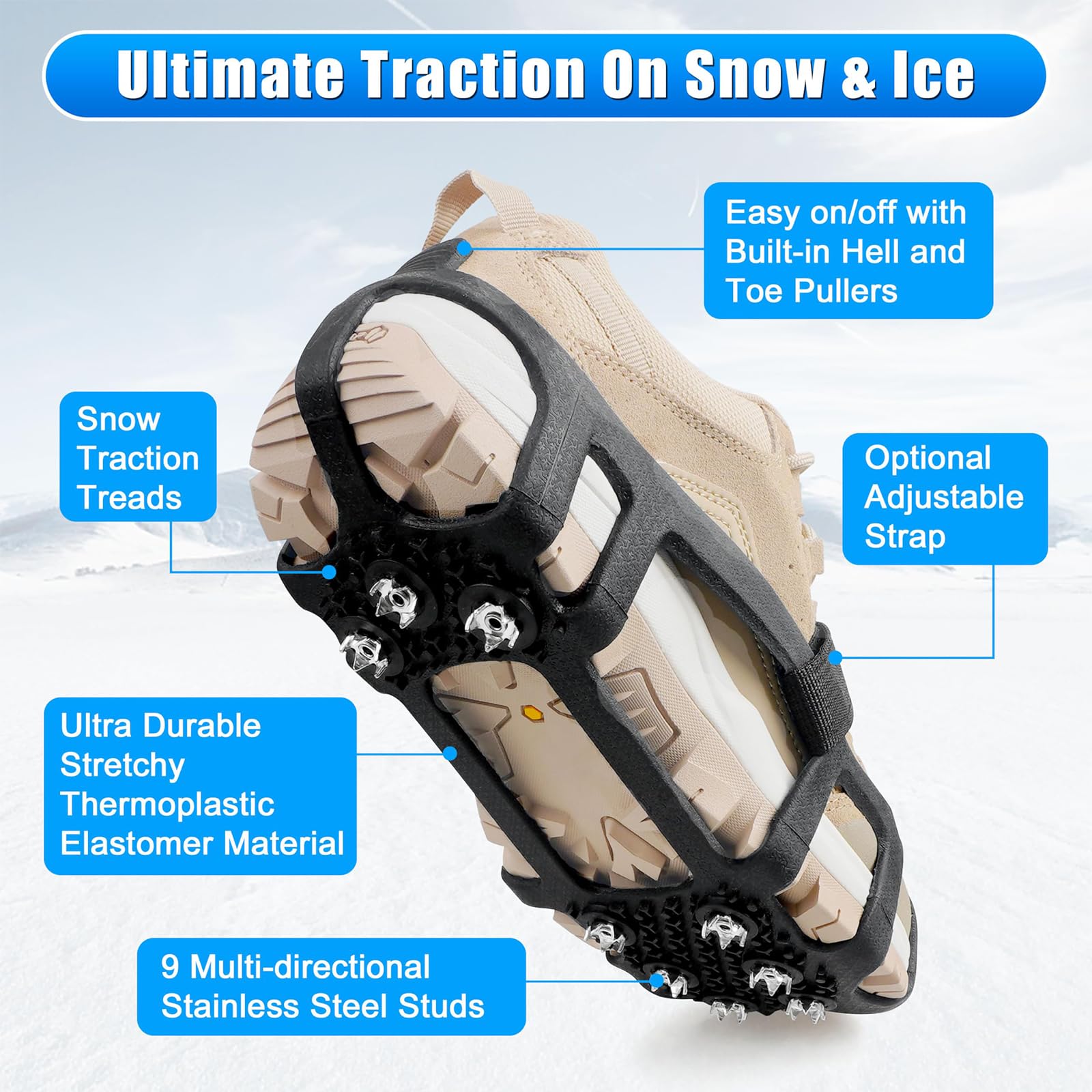 Tacchetti da ghiaccio per scarpe e stivali da neve Tacchetti da trazione ramponi per camminare su neve e ghiaccio 9 tacchetti antiscivolo in gomma antiscivolo ramponi antiscivolo calzature elastiche