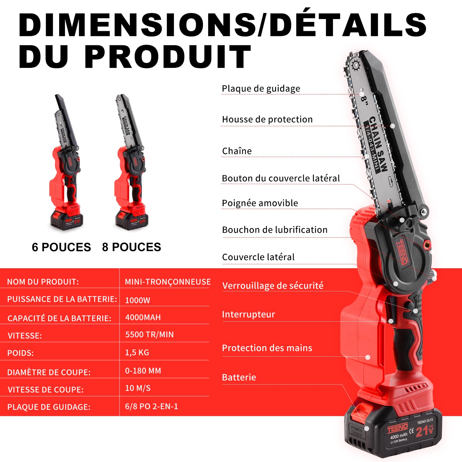 TEENO Tronconneuse a Batterie, 1000W Mini Tronçonneuse Électrique 6&8 Pouces 2-en-1, Kit avec 6 Chaînes (3×6"+3×8"), Moteur Sans Balais, 2×4000mAh, 5500 tr/min, Portable pour Jardin, Taille Haie, Bois