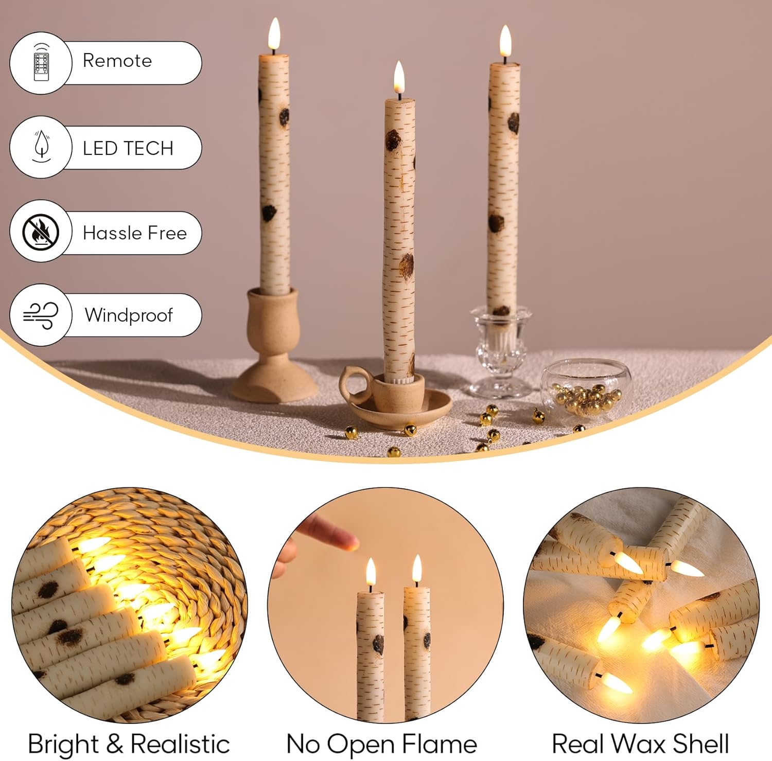 Birch Bark Flameless Taper Candles with Remote, Flickering Battery Wood LED Candlesticks Set of 6