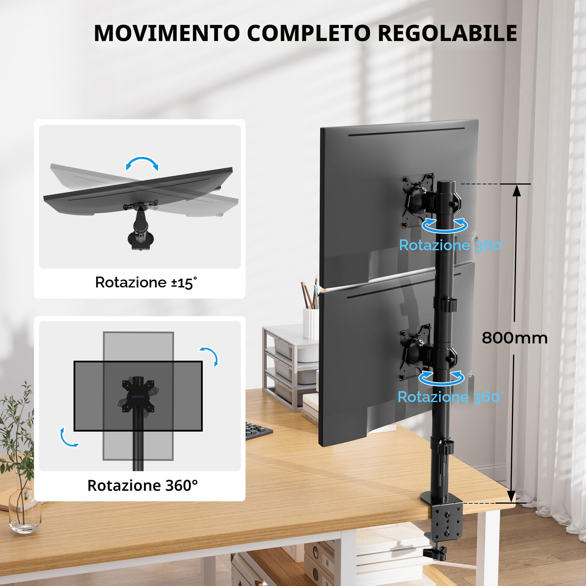 BONTEC Supporto Doppio Schermo Verticale, Braccio Doppio 13-34 Pollici Fino a 10 kg, Regolabile, Gestione Cavi, Supporto da Scrivania Robusto, Compatibile VESA 75x75 e 100x100, Supporto PC Ergonomico