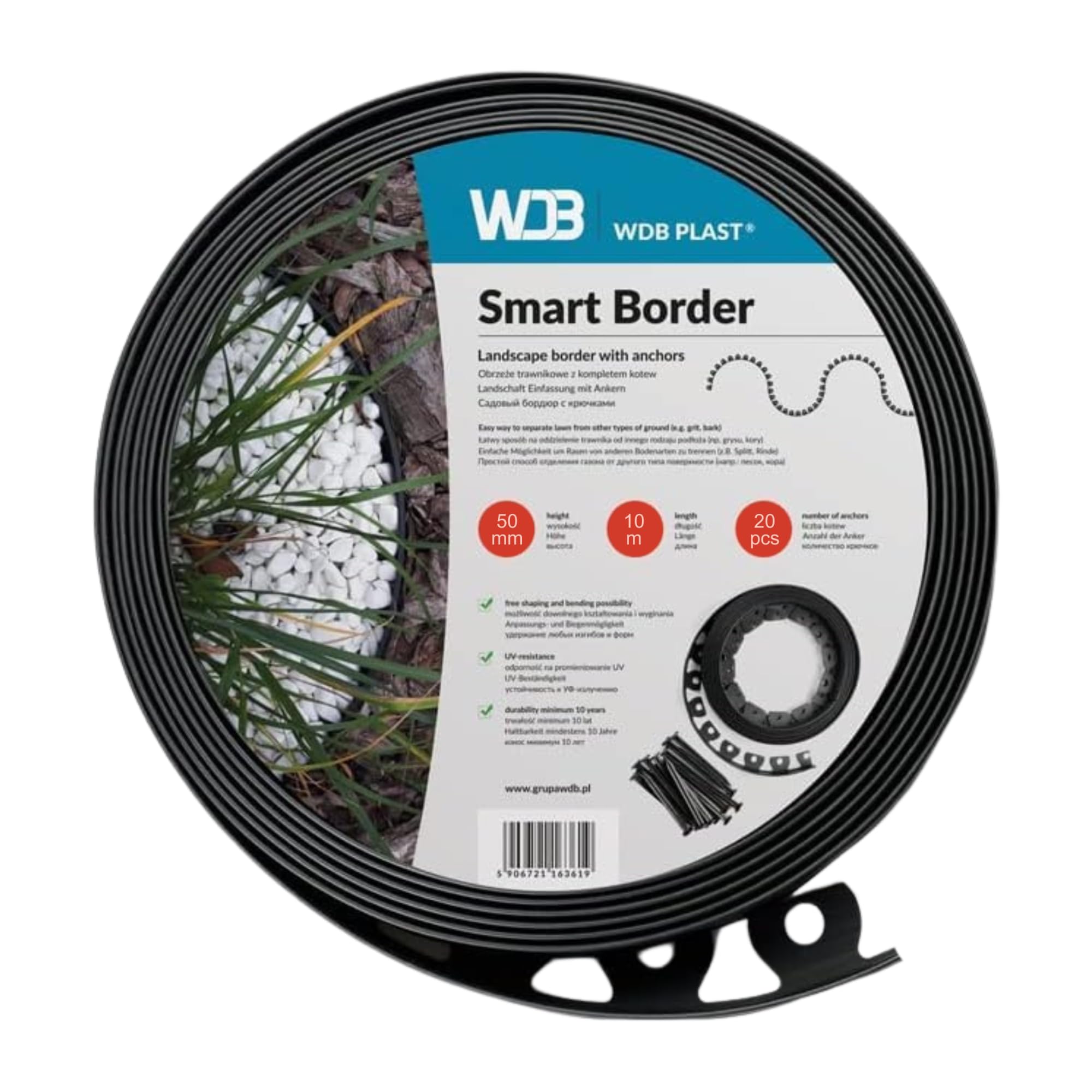 WDB Flexible Rasenkante aus Kunststoff - 10m Lang 5cm Hoch - mit 20 Befestigungsnägel - Schwarz - RAL 9005