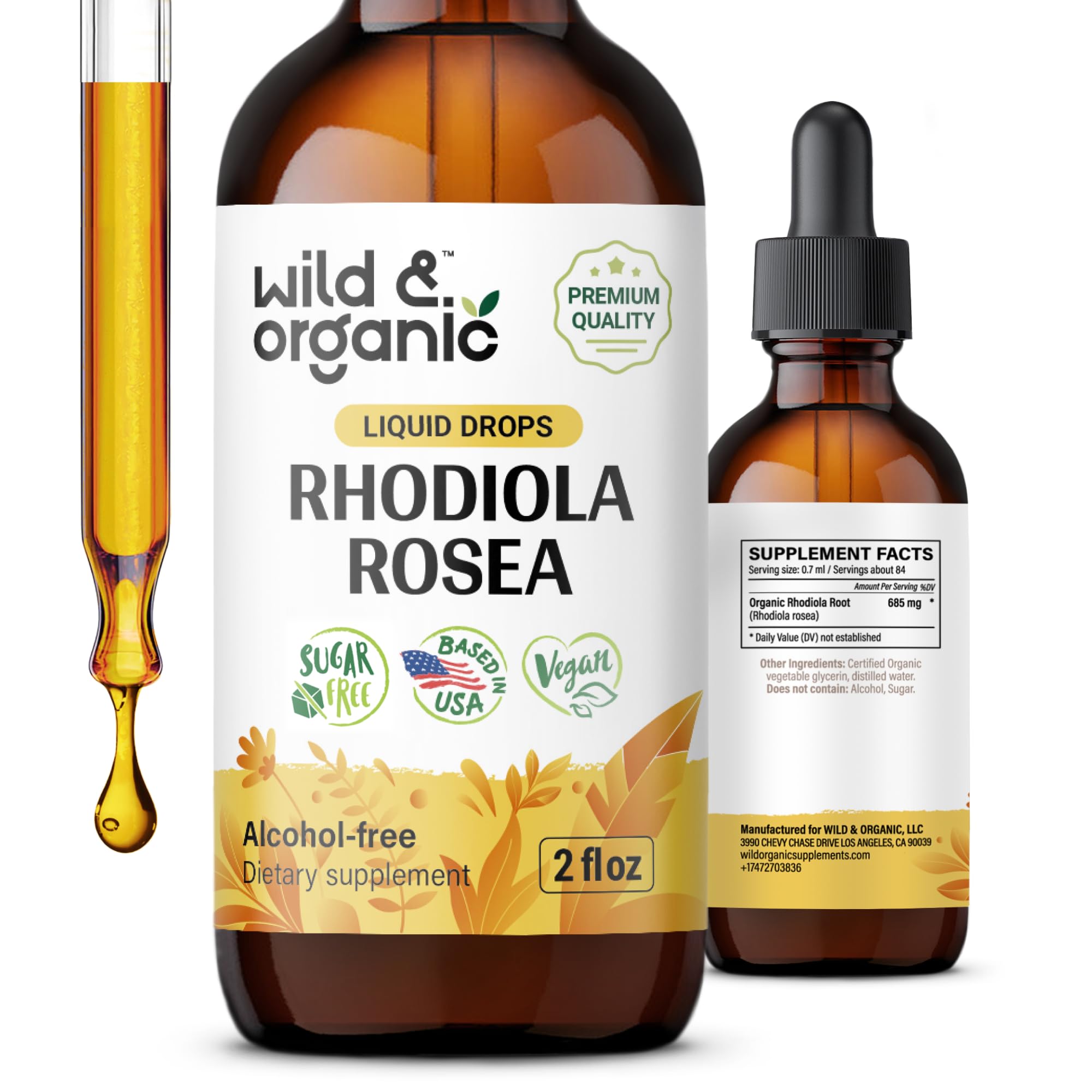 Wild & Organic Rhodiola Rosea Tincture - Mood Support - Relaxing Rhodiola Supplement - Root Extract Liquid Drops - Vegan, Sugar & Alcohol-Free - 2 fl oz
