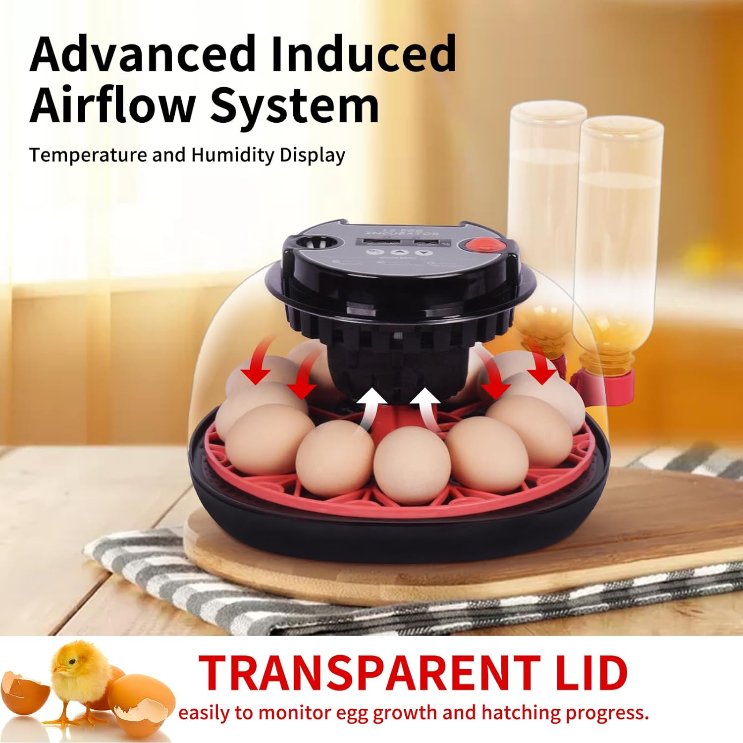 Incubators for Hatching Eggs with Automatic Egg Turning,Temperature & Humidity Control, Come with Egg Candler, External Water Bottles 360° Clear View Incubator for Hatching Chicken Eggs Quail Duck