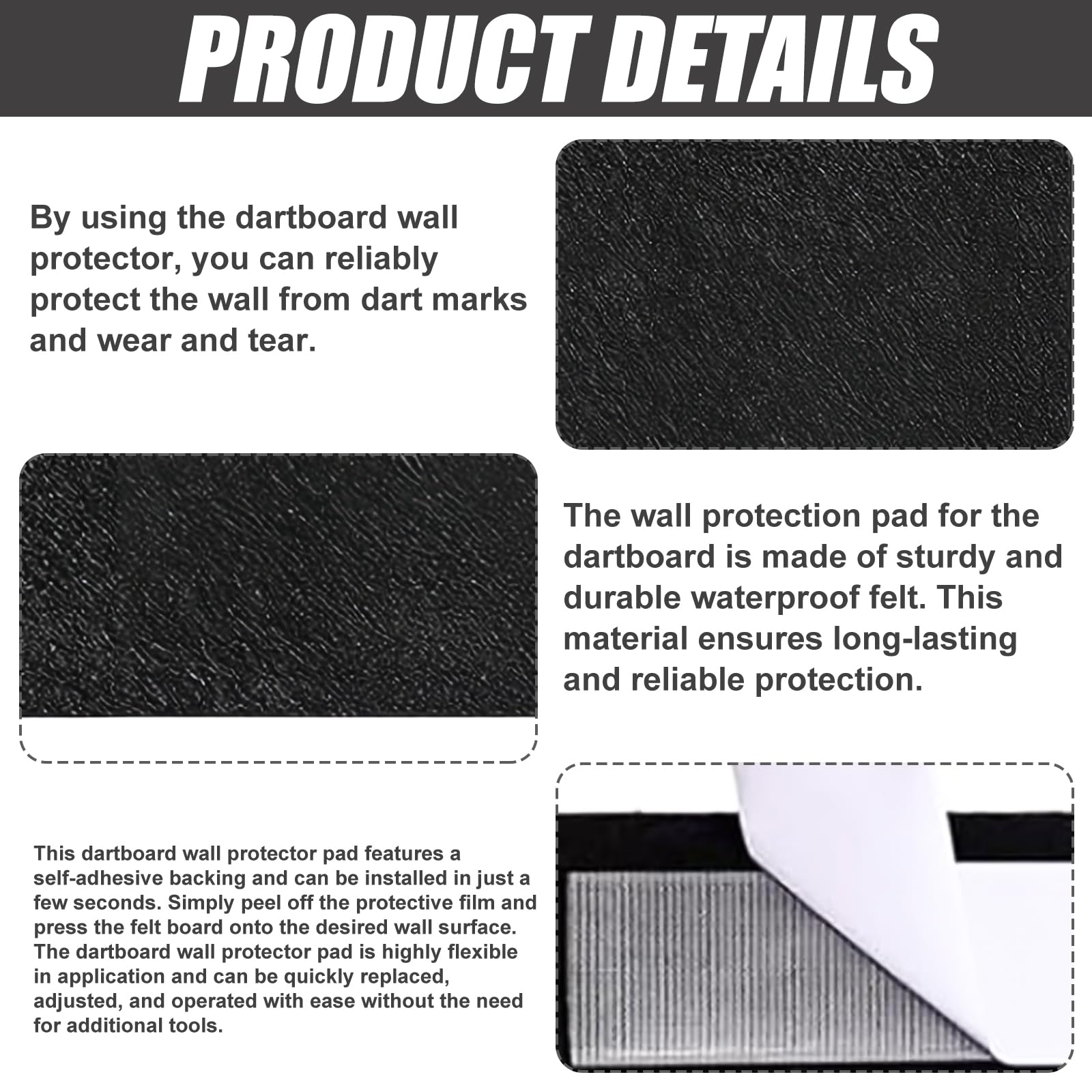 Protector de pared para diana, 6 unidades, color negro, 600 x 900 x 12 mm, fieltro para diana, borde de pared para dardos, para protección de pared durante los deportes de dardos, azulejos de