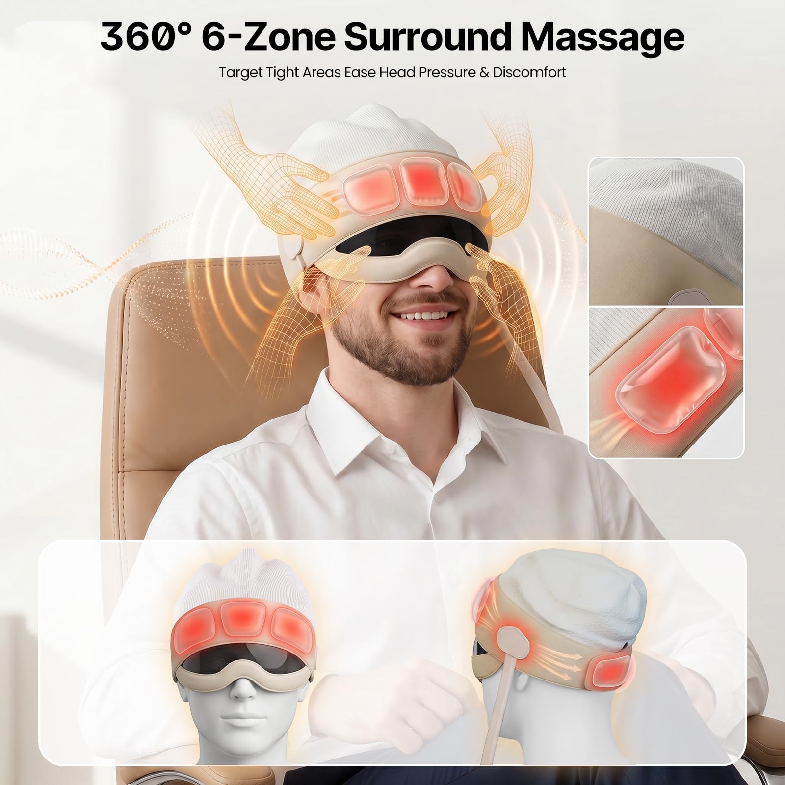 Kopf- und Augenmassagegerät, 2 in 1 elektrisches Kopfmassagegerät, wiederaufladbar | 6-Zonen-Kneten, 6-stufige Wärme, Fernbedienung, tragbar mit Sichtfenster, beruhigt Kopfverspannungen müde Augen