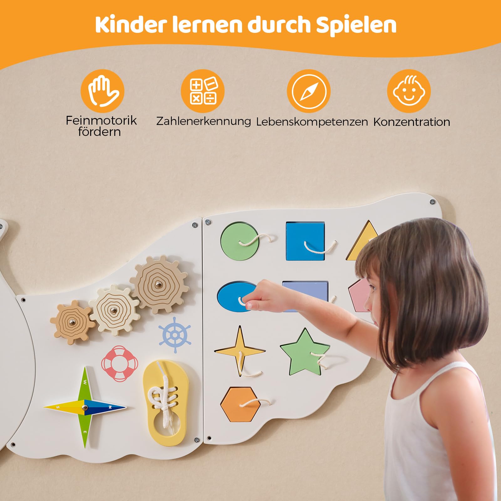 COSTWAY Montessori deska motoryczna, 11 w 1 Busy Board drewniana z tablicą magnetyczną i zegarem i ksylofonem, zabawka Montessori, deskorolka motoryczna dla dzieci od 1 roku życia