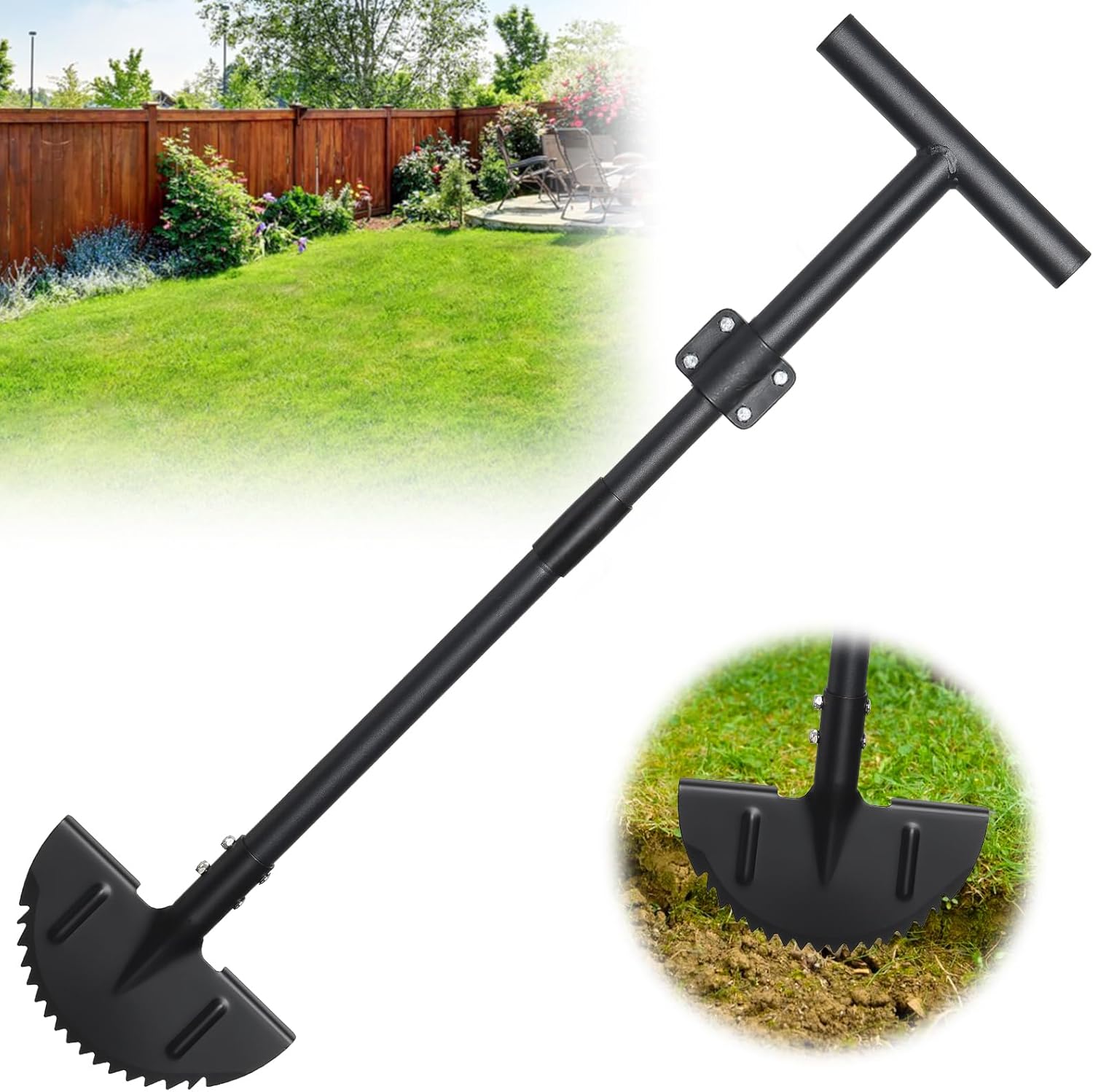 Edger Lawn Tool, Sharp Saw-Tooth Half Moon Hand Lawn Edging Tool for Landscaping, Adjustable 49″ Long Handle Manual Edgers with T-Grip for Sidewalk Yard Garden Flower Bed Border Cable Burying