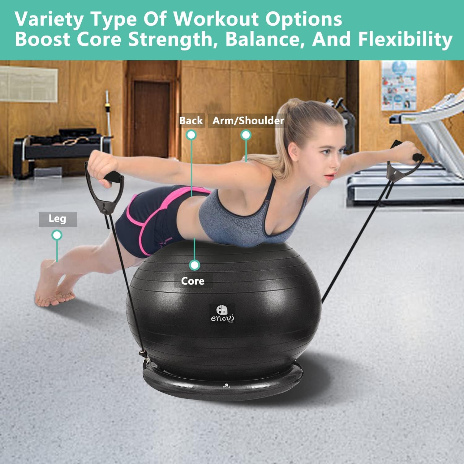 Enovi Fit+ Ball Chair, Yoga Ball Exercise Ball with Adjustable Resistance Bands and Ring Base, Home Gym Workout Set, Stability Ball & Balance Ball Seat to Relieve Back Pain, Multiple Color Size : Sports & Outdoors