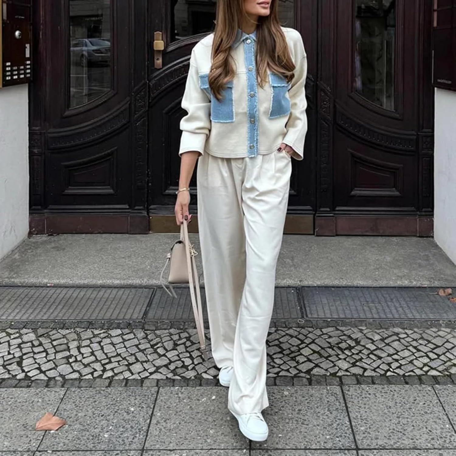 Dawery Y2K Women Denim Patchwork Jacket Coat Lapel Long Sleeves Jeans with Packets Spring Casual Lady Denim Coats Outwear Top