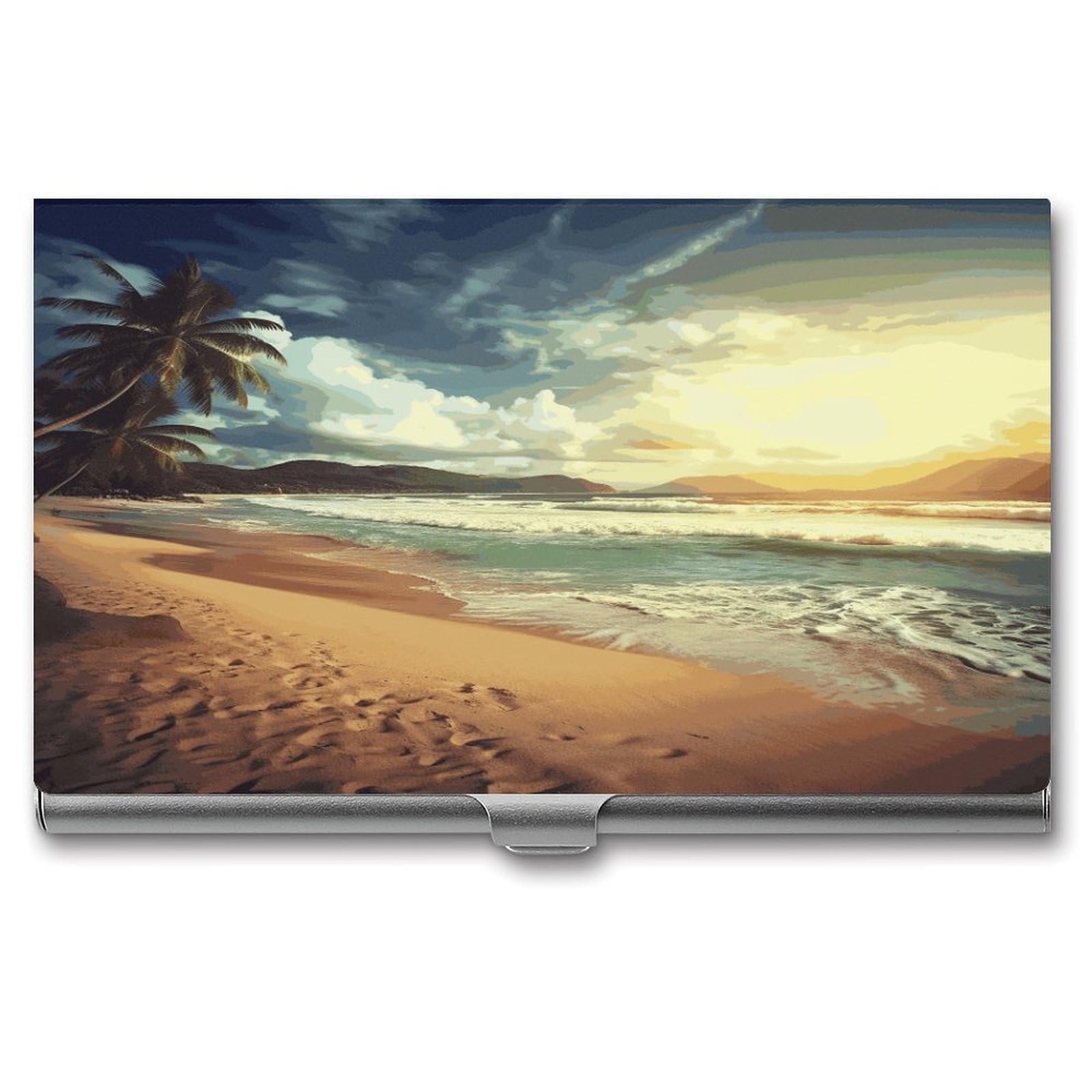 LDGSUPH Sunset on The Beach Business Card Holder Fashion Slim Name Card Holder Minimalist Design Case Metal Card Carrier Personalized Business Card Case with Flip for Men Women