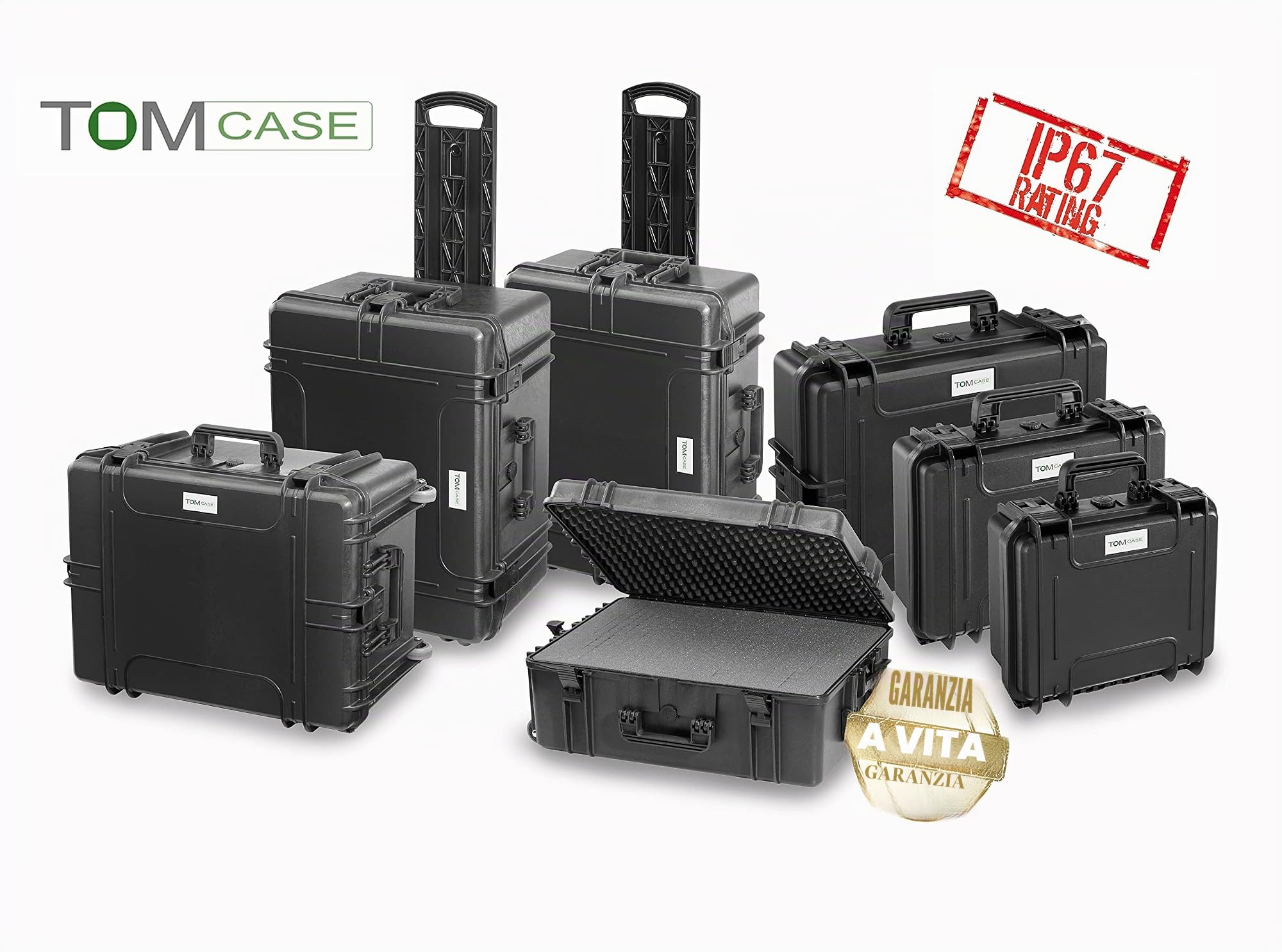 TOMcase Outdoor case with Trolley, 62x46x34 cm, contenitore di trasporto, grande valigia impermeabile con inserto in schiuma cubica, valigetta rigida, custodia per fotocamera (nero)