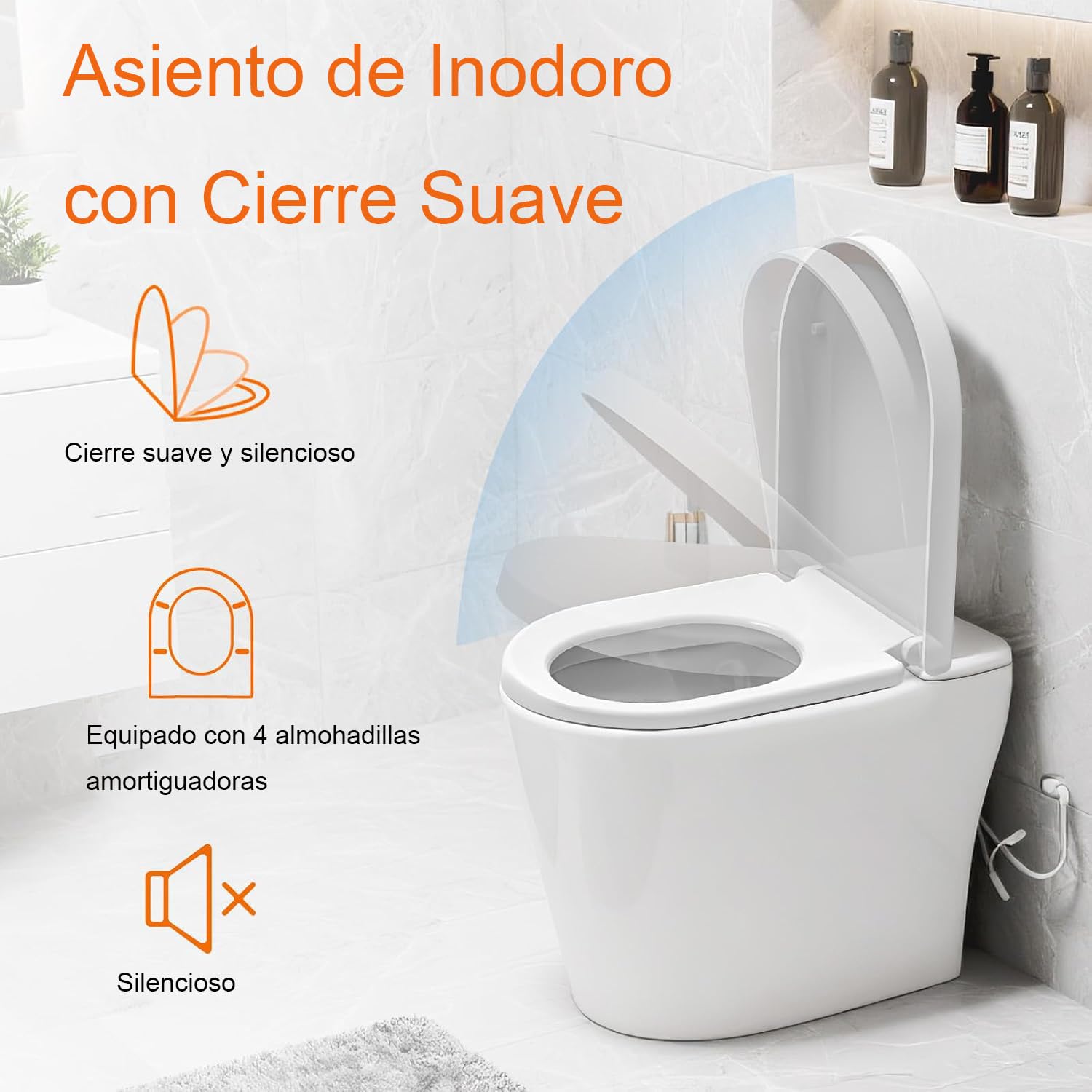 Tapa WC Universal con Cierre Suave Forma D, Asiento de Inodoro de PP