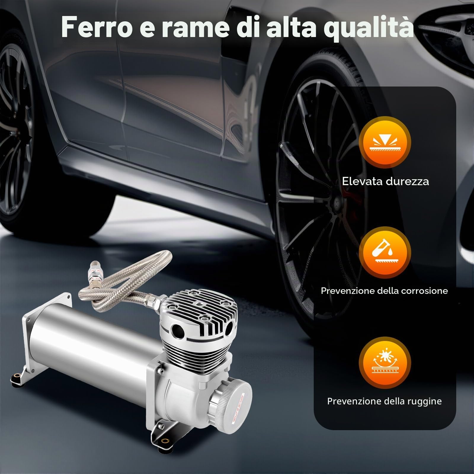 Compressore d'aria per auto, 12 V, 200 PSI, motore in rame, compressore portatile, gonfiaggio pneumatici fuoristrada, 50 l/min, sistema di sospensioni, 11,8 x 3,9 x 6,5 pollici, 72 dB, silenzioso