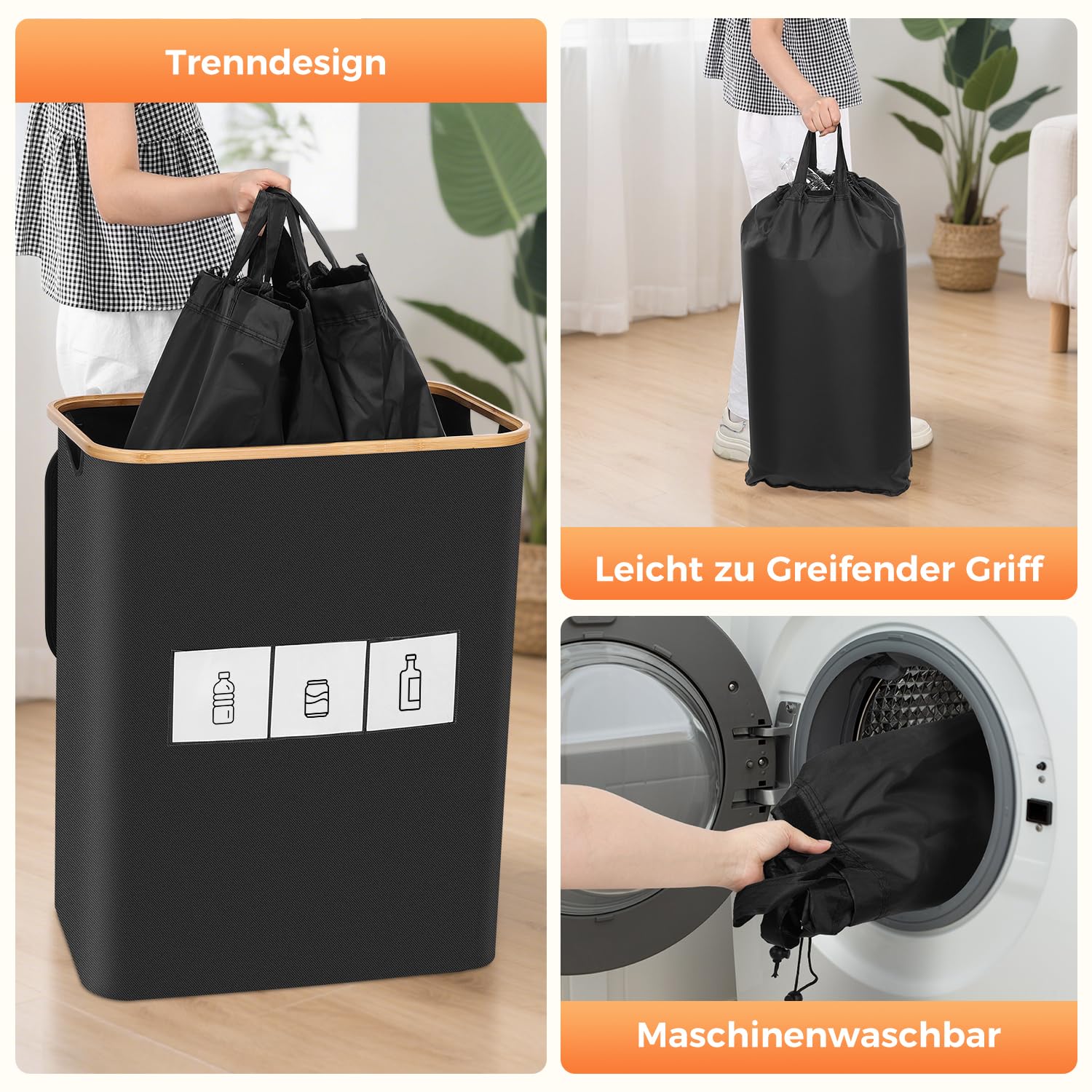 OUSFOT Pfandflaschen Sammelbehälter, 170L Schwarz Pfandflaschen 3 Fächer Leergut Sammelbehälter Pfandflaschen Behälter Geeignet für Küche