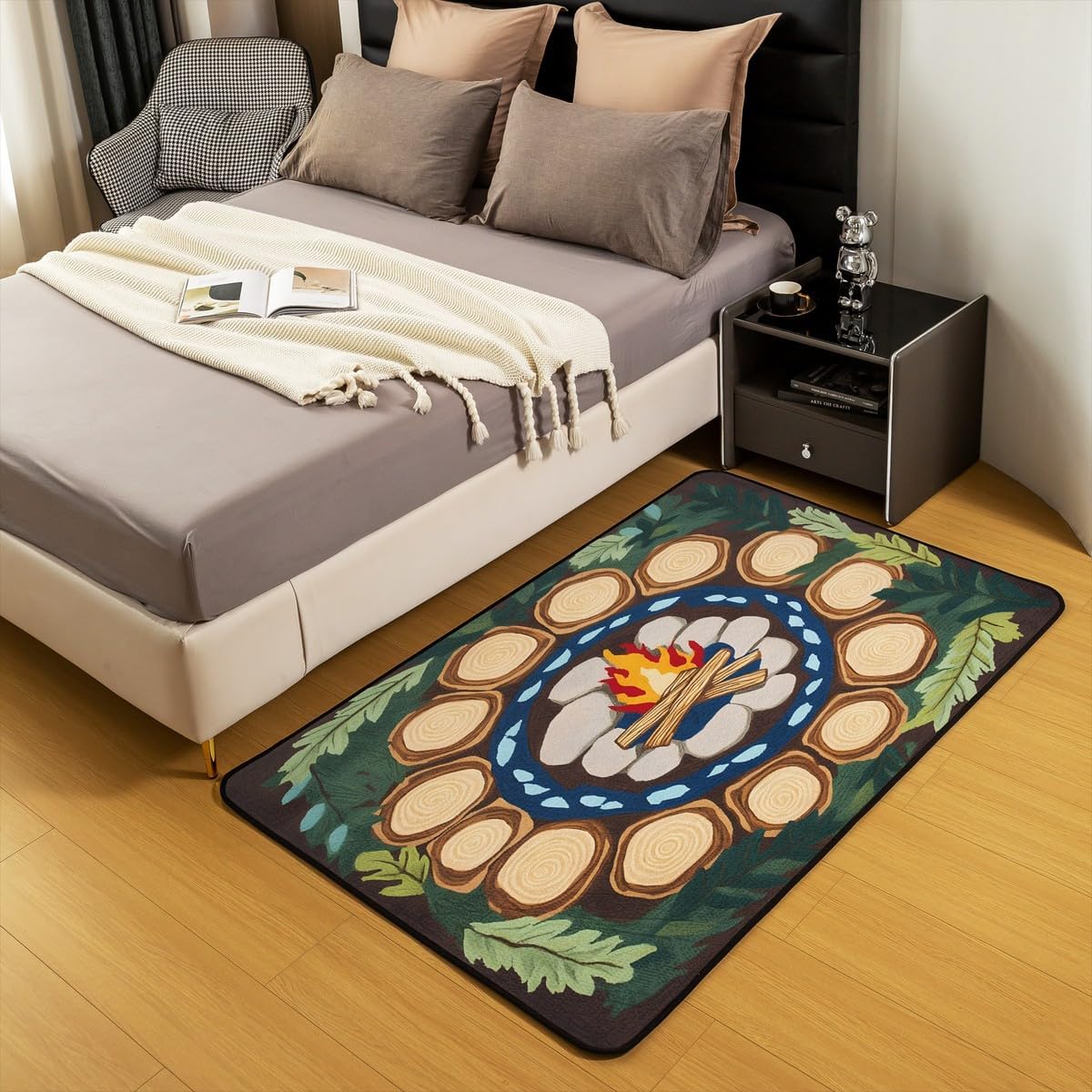 Feelyou Campfire Fun Living Room Rugs Tree Stump Area Rug 3x5 for Kids Boys Girls Woodland Tree Themed Decorative Carpet Campsite Summer Indoor Floor Mat Green Classroom Rug