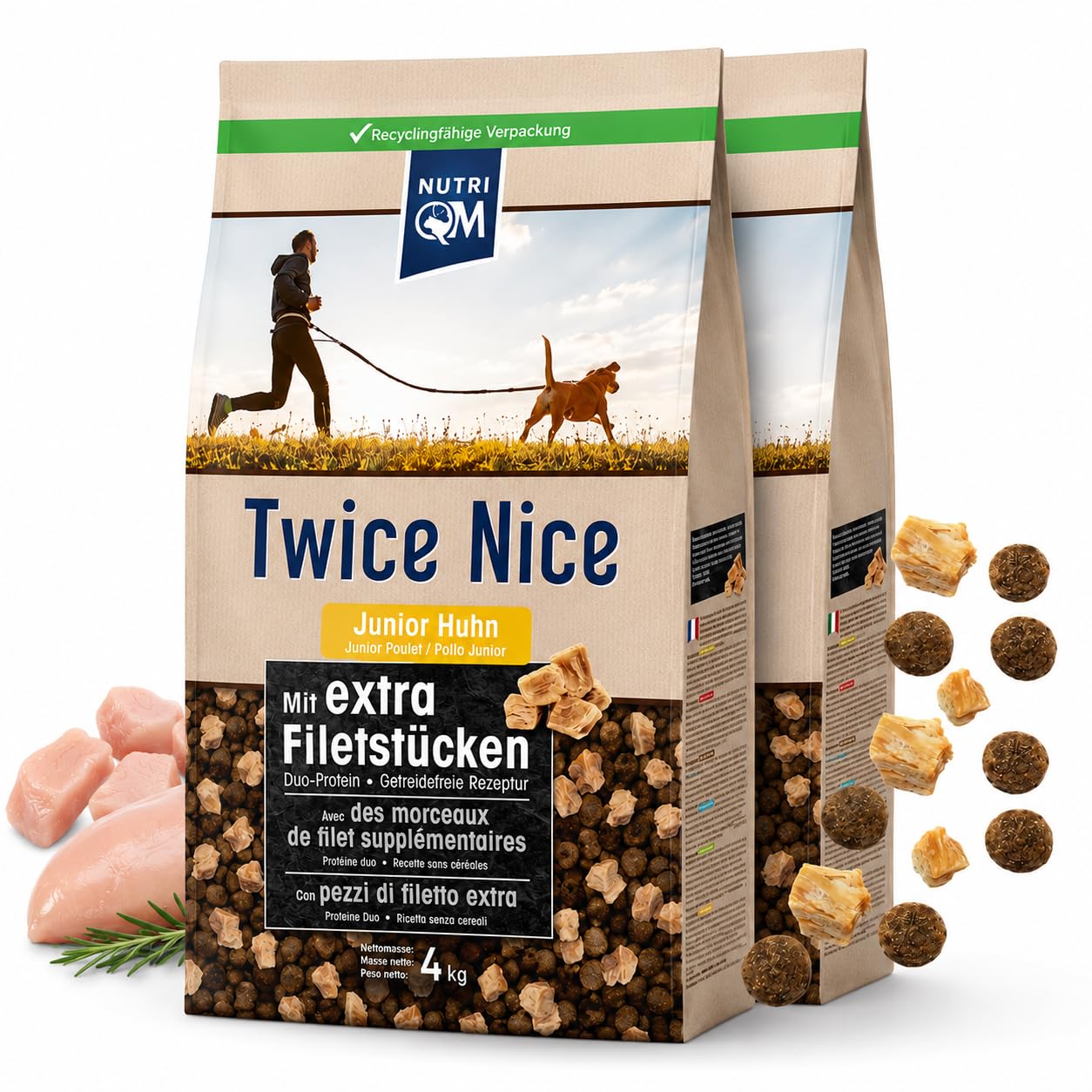 NutriQM® Twice Nice Junior Huhn | 2 x 4 kg | Getreidefreies Welpenfutter mit Filetstücken & Kolostrum | Junior Trockenfutter Hund bis 12 Monate | Duo-Protein & Leicht verdaulich | Made in Germany