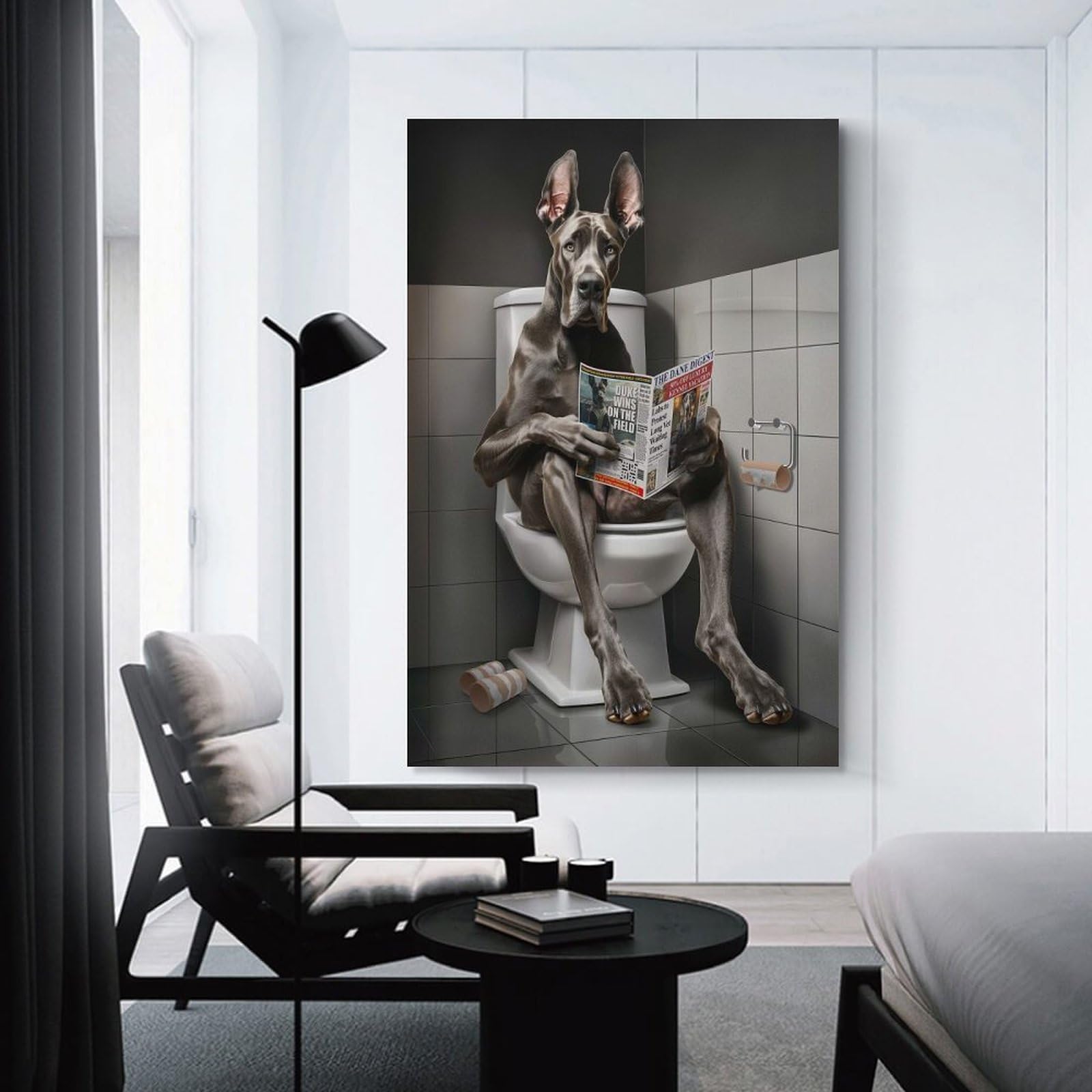 Junmoney Unframe-Style-9 Great Dane Reading On Toilet Canvas Wall Decor, 20X30inch(50X75cm), For Wall Displays, Bedrooms Or Room Updates, Wall Decor Suited To Curated Displays