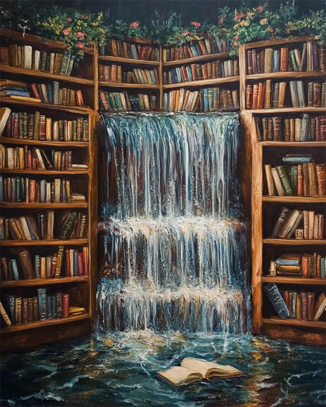 RKFLGEW DIY Bead Embroidery Kit Fantasy Waterfall Bookshelf 50x70cm
