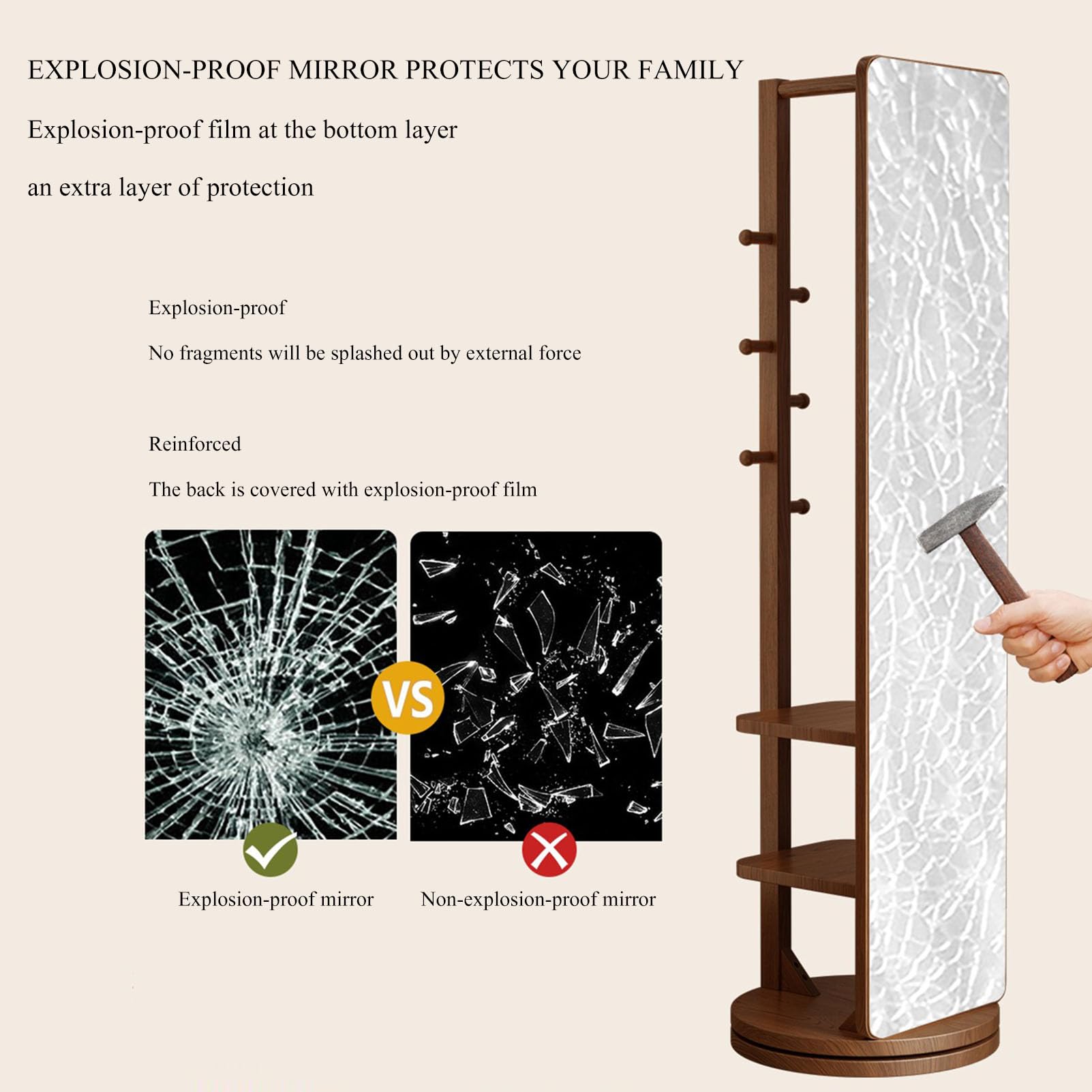 Girevole Full Body specchio appendiabiti ganci, Specchio a figura intera in legno massello rotante a 360° , 2-in-1 in piedi specchi con appendiabiti, per soggiorno Camera da letto Guardaroba