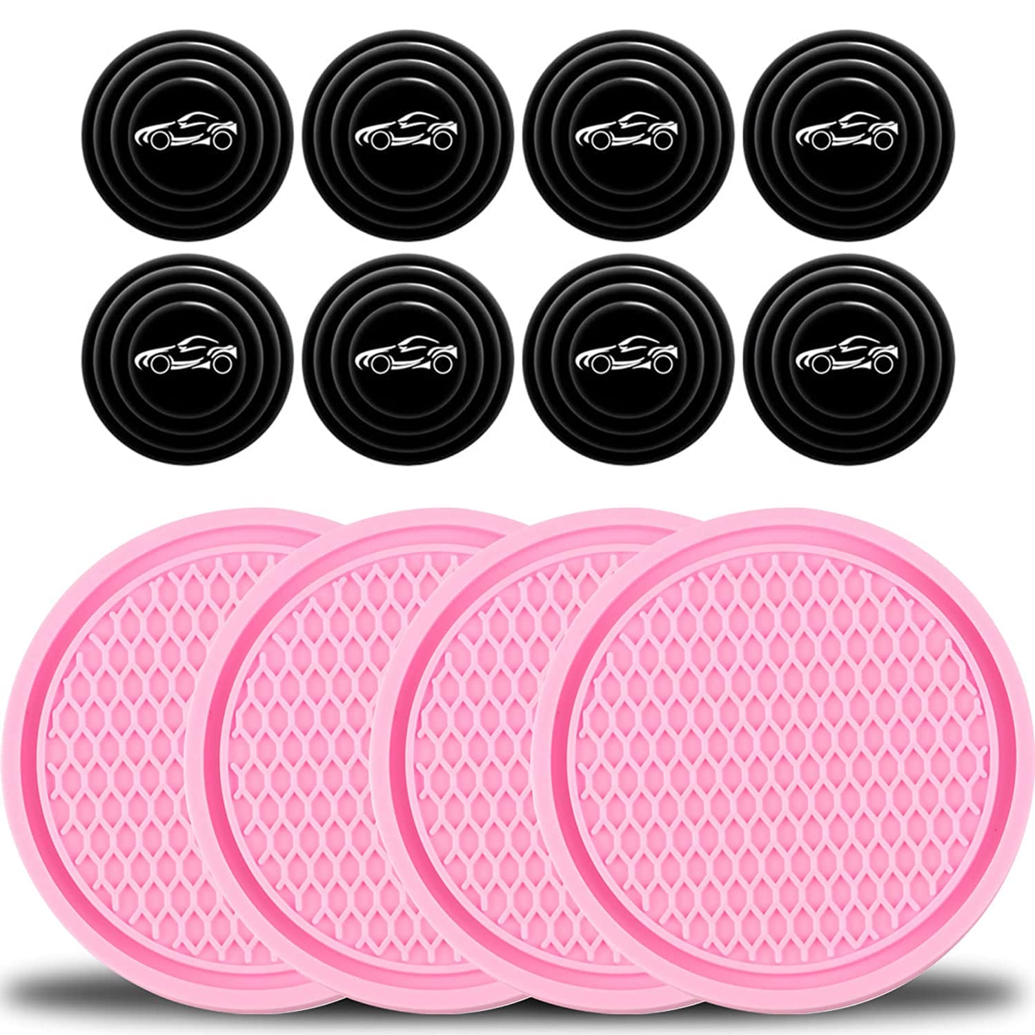 Kelenate® (Pink) 4PCS Universal Non-Slip Cup Holders Embedded Coaster and (Black) 8 Pcs Car Door Shock Absorber Car Door Protection,Buffer Bumper Cushion Compatible with Mauti Vrsa