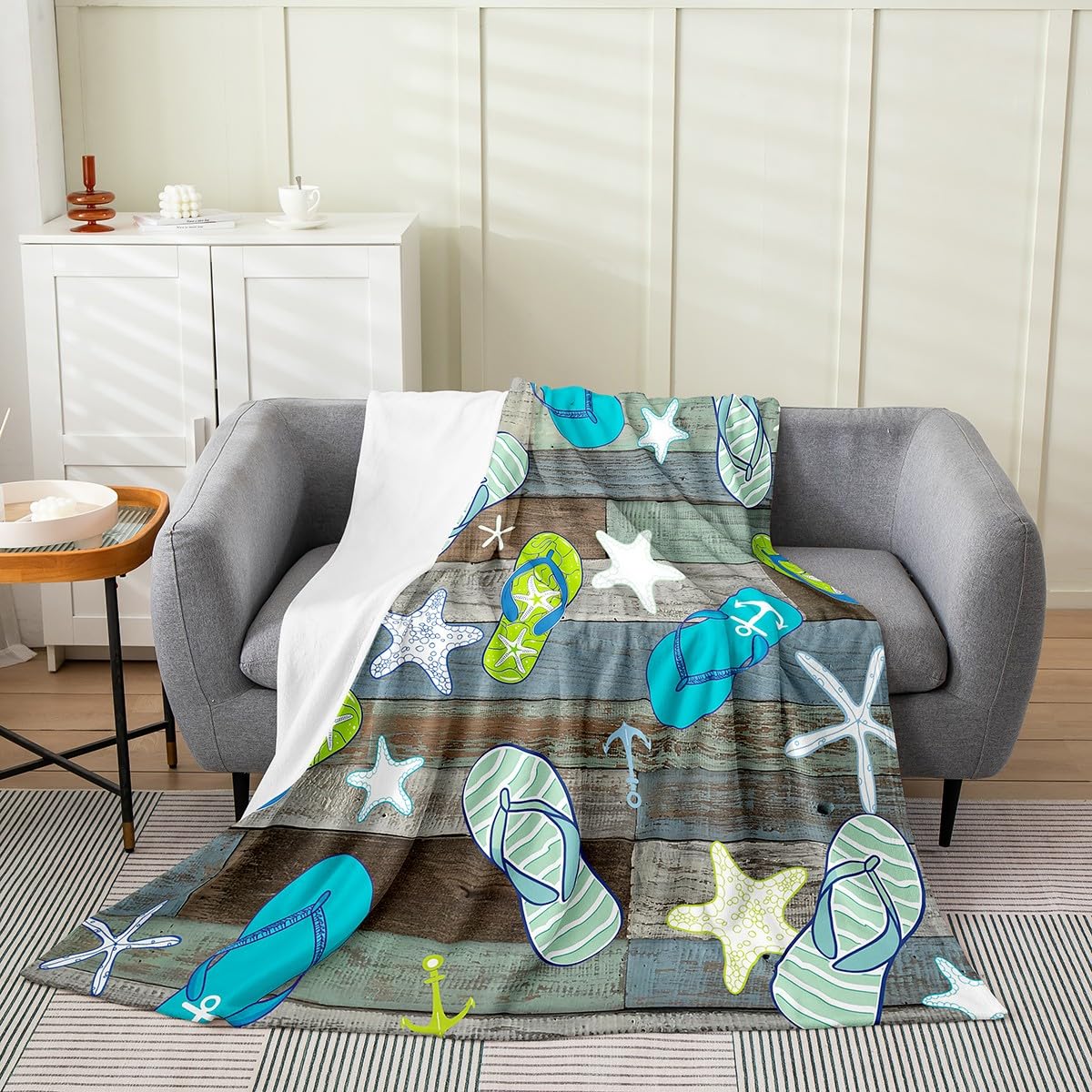 Vintage Blue Grey Wooden Plank Flannel Blanket Boys Girls,Flip Flops Starfish Fuzzy Blanket All Season Bed Blanket,Beach Hawaiian Style Plush Blanket