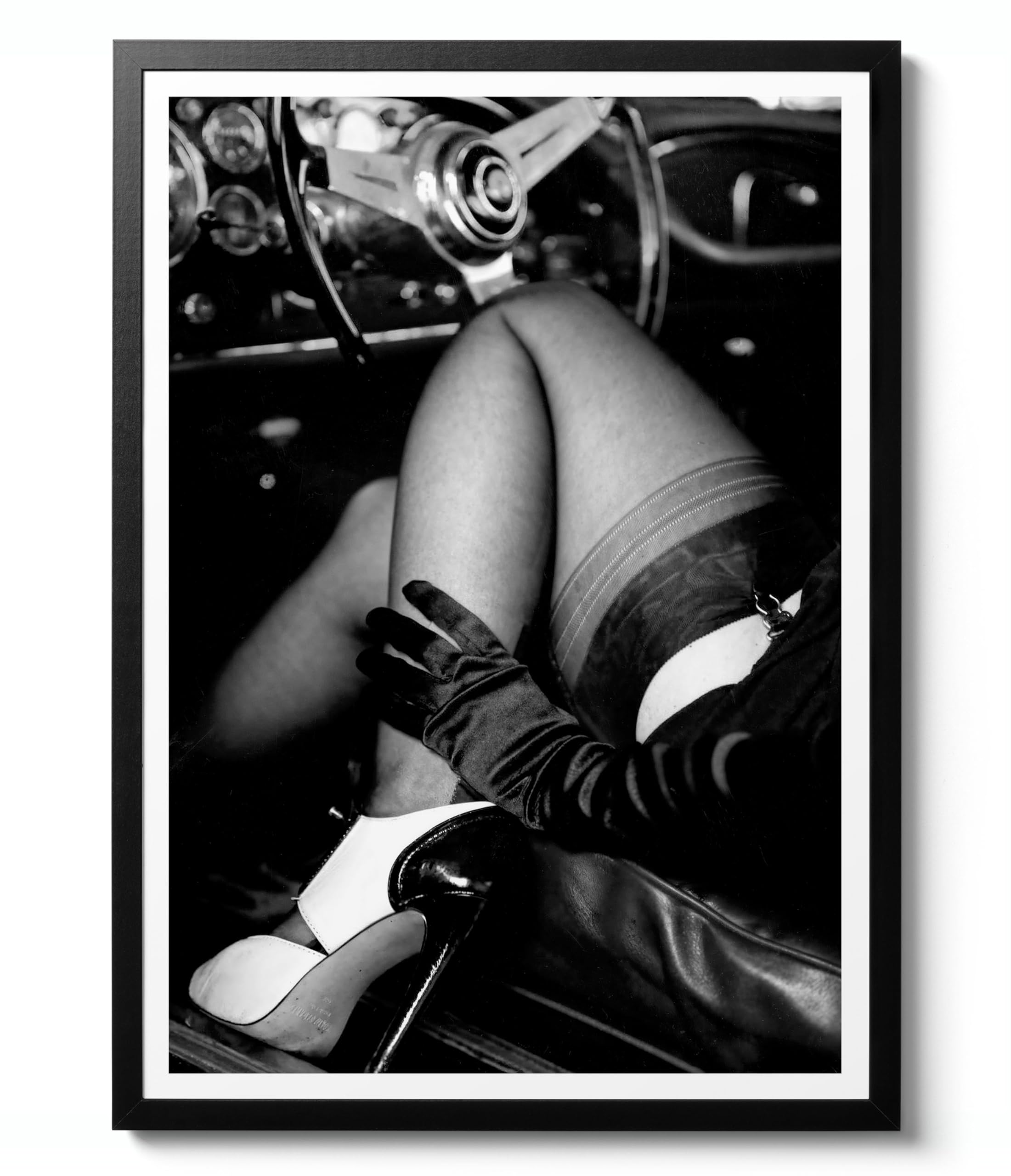 Animato Driving Classic in High Heels Photographic Art Print, Modern Portrait Poster, Fashion Wall Art, Erotic Decor, Black & White Woman Print, Archival Matte, 50x70cm (Framed) - 50x70cm