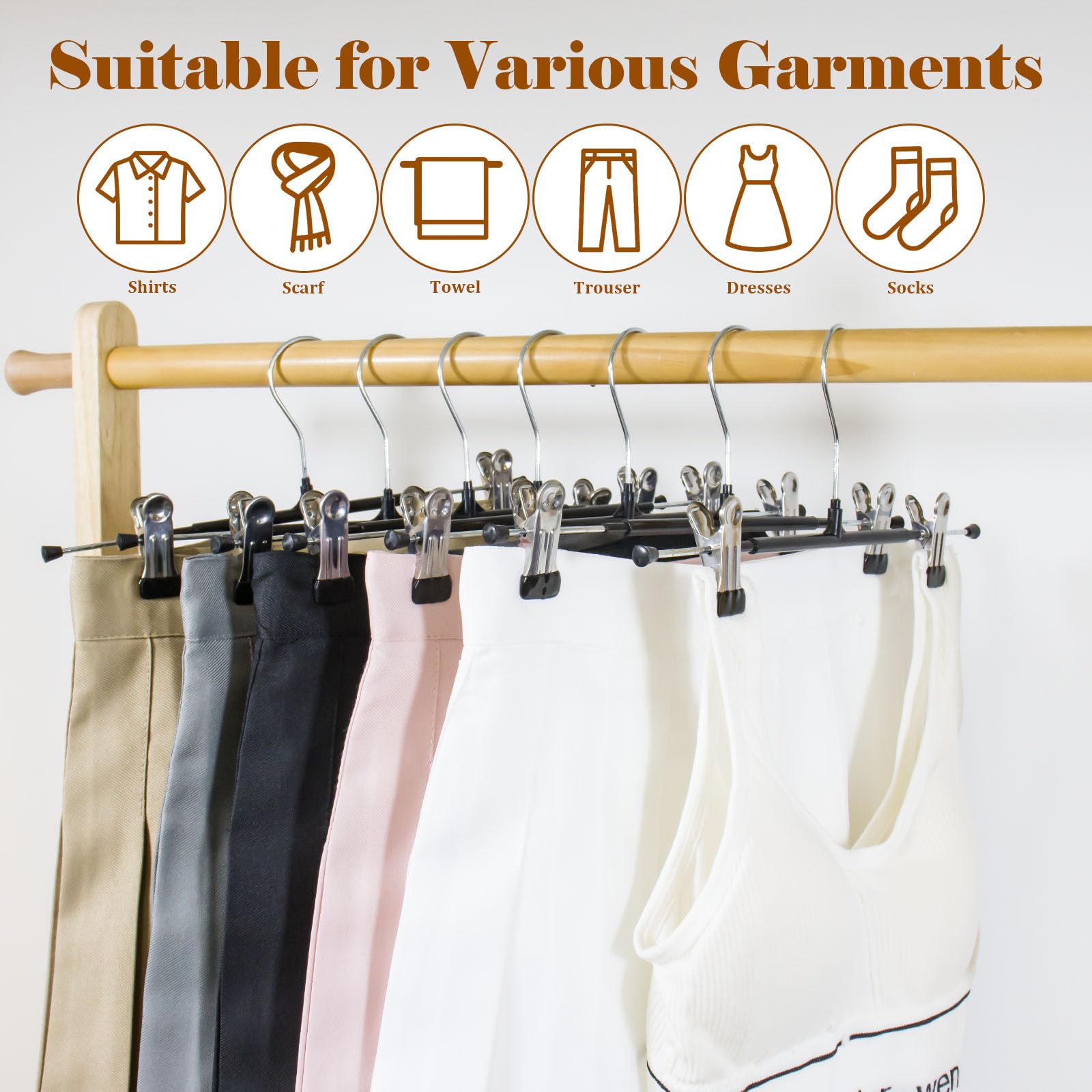 Perchas para pantalones, paquete de 20 perchas ajustables para faldas, perchas resistentes que ahorran espacio, gancho giratorio de 360° antideslizante para faldas, calcetines