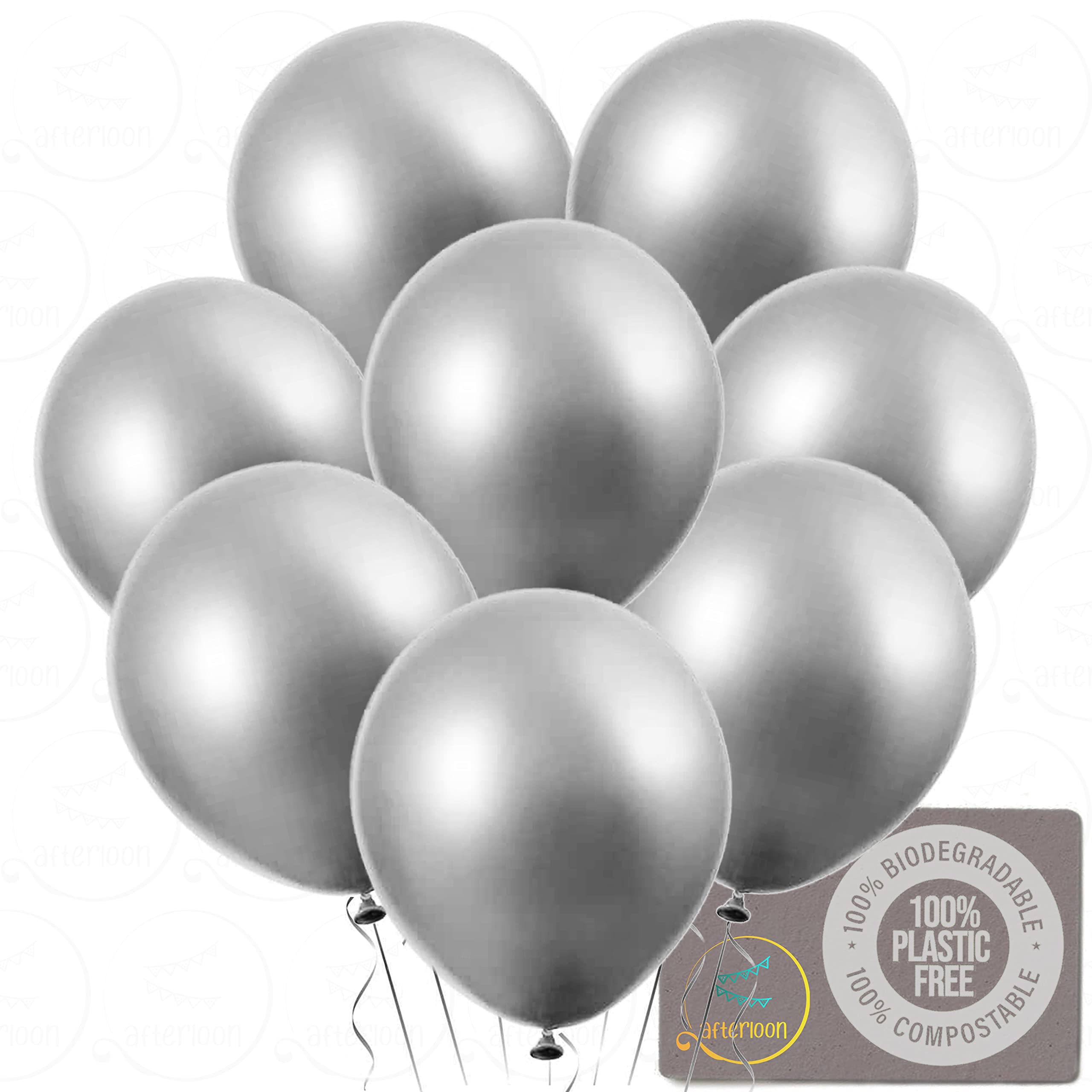 AFTERLOON® Biodegradable Balloons 100 pcs Silver 12 Inch, Natural Rubber Latex Plastic-Free Alternative Metallic Durable Thickened Extra Strong Helium Float, for Baby Shower Garland Arch Wedding Decor