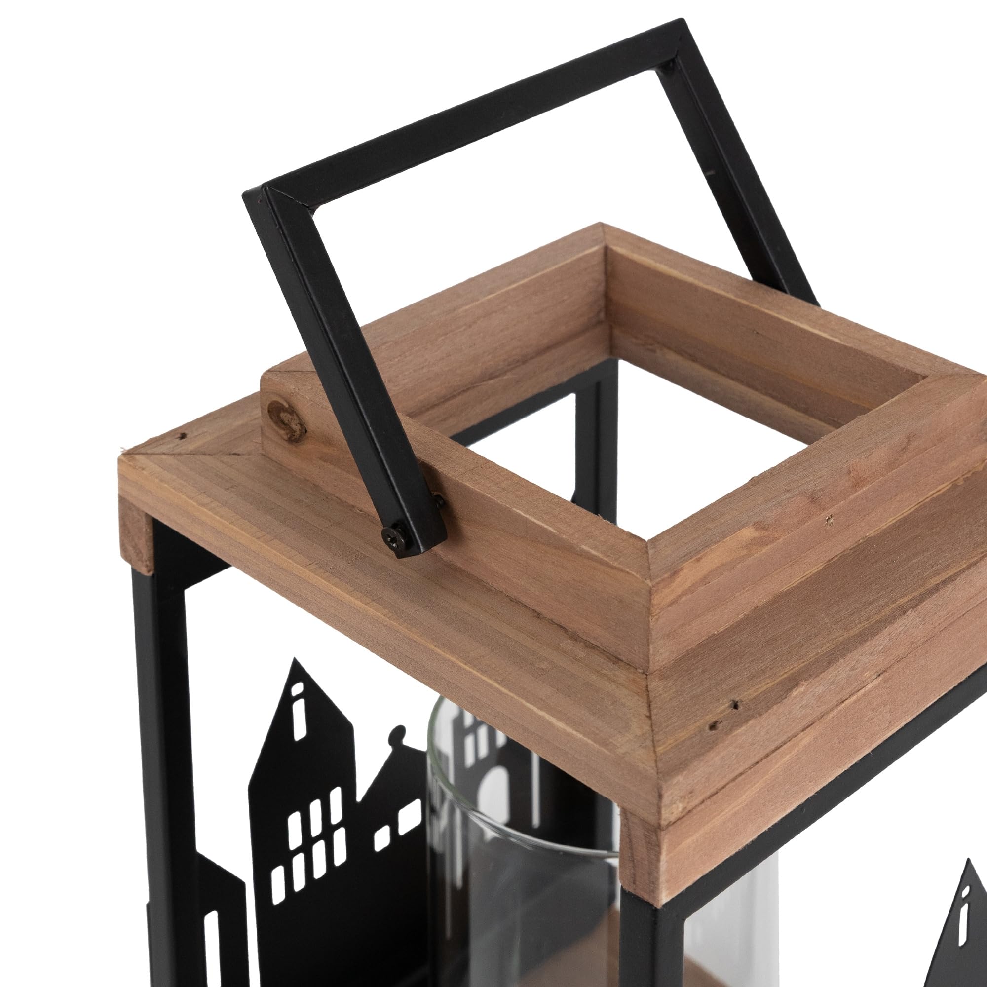 ECD Germany Faro de Madera Natural 22cm Decoración de Navidad Diseño de Ciudad Adorno Festivo de Cristal y Metal Aspecto Rústico Candelabro de Jardín Portavelas Decorativo de Interior y Exterior