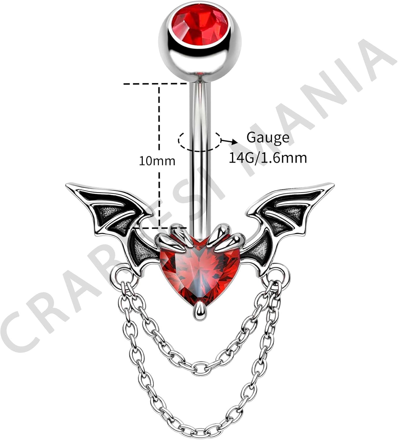 CM Crareesi Mania Halloween Belly Button Ring 316L Stainless Steel Belly Rings Double Chain 14G 10mm Bat Belly Piercing Jewelry Red CZ Navel Rings Heart Navel Piercing - Image 3