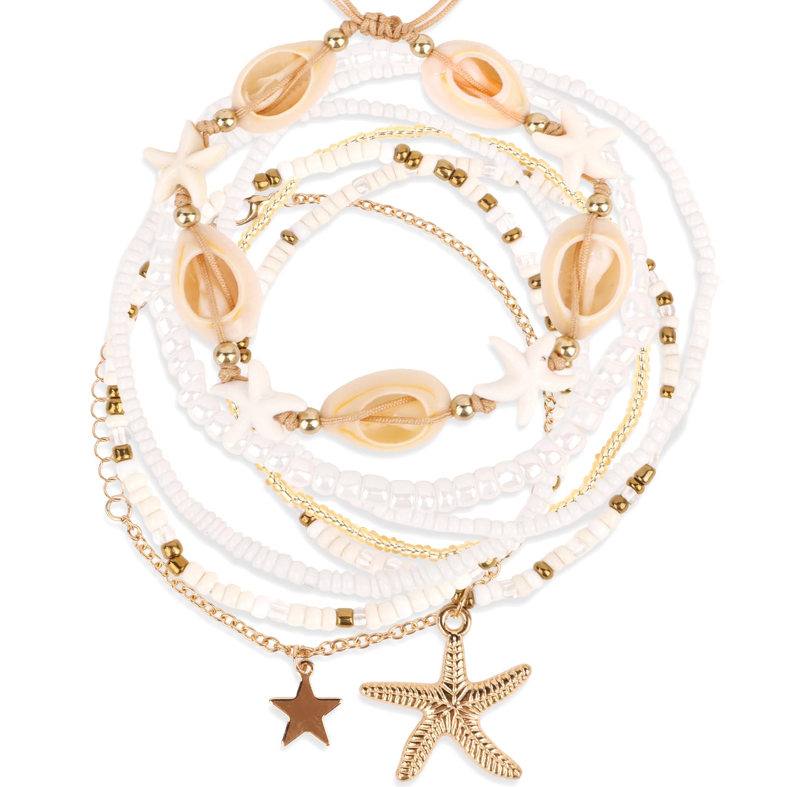 Hotalisona Shell Anklets for Women, Beaded Ankle Bracelets Set Cowrie Seashell Pearl Starfish Star Adjustable Anklets Boho...