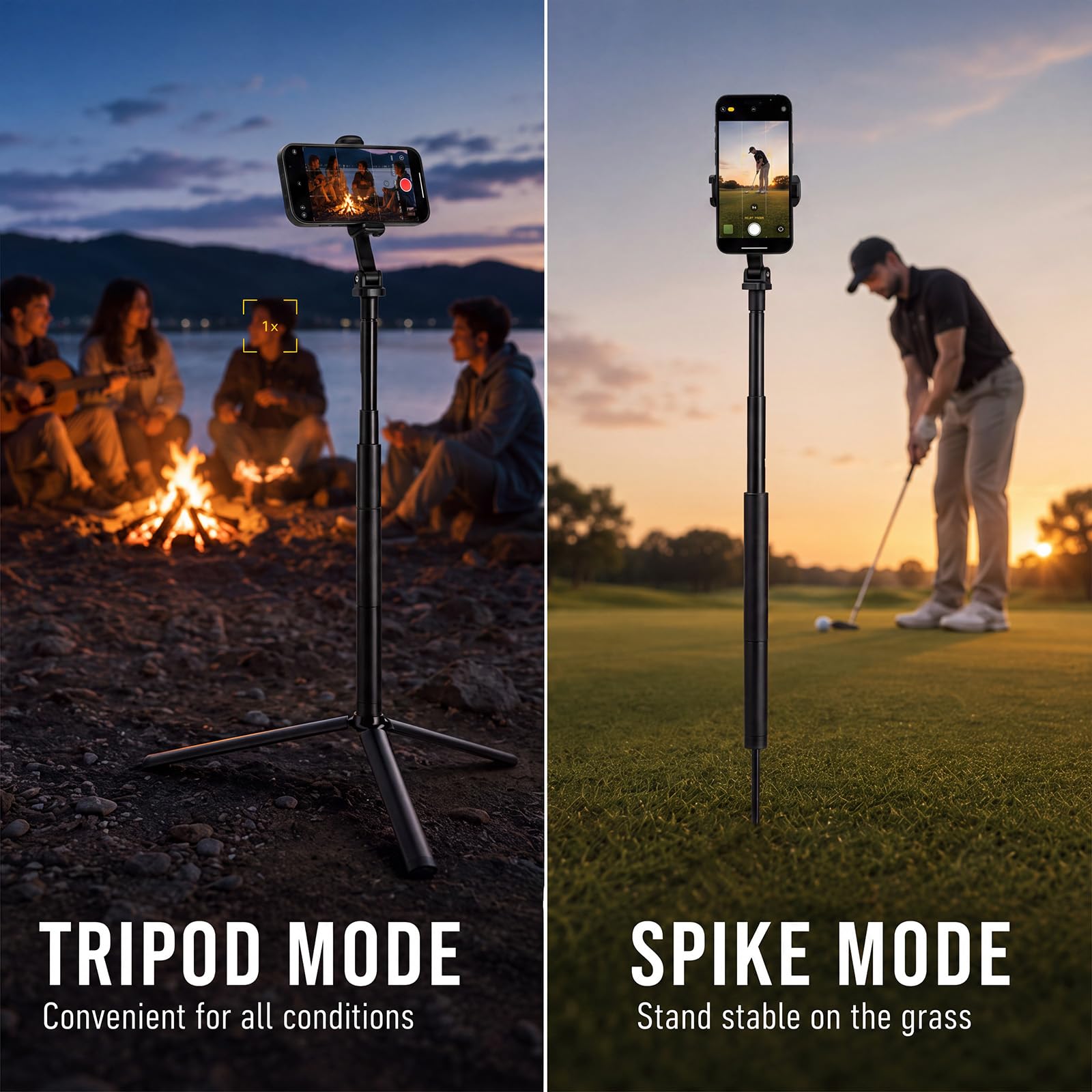 Ripeng Treppiede da golf da 53 '' e monopiede per fotocamera e supporto per | Base intercambiabile, altezza regolabile, pieghevole leggero, morsetto sicuro senza bisogno di parti aggiuntive