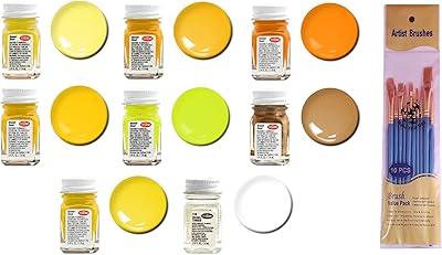 Testors Yellow Enamel Paint Variety, Gloss Light Yellow, Gloss Yellow, Gloss Turn Signal Amber, Flat Yellow, Flourescent Yellow, Brass, Flat Sunflower, and Thinner 1/4 oz (Pack of 8) - with MYD Paintbrushes