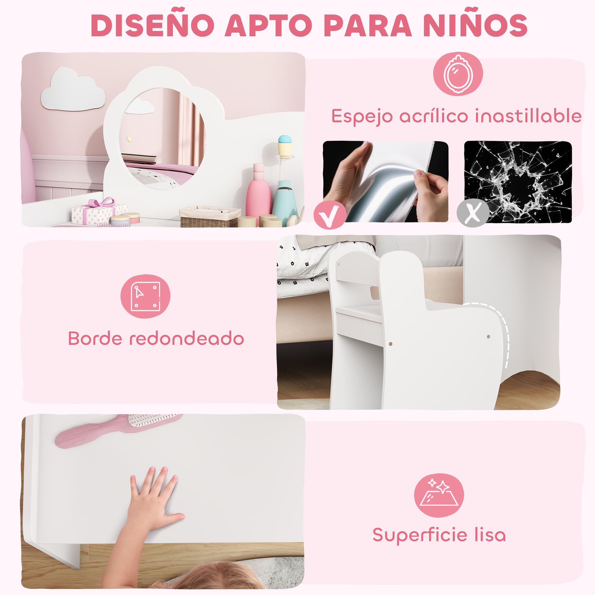 AIYAPLAY Tocador de Maquillaje Niña, 2 en 1, Escritorio, Tocador Infantil con Taburete, Espejo en Forma de Flor, Estantes Abiertos, para Niños +3 Años, Blanco