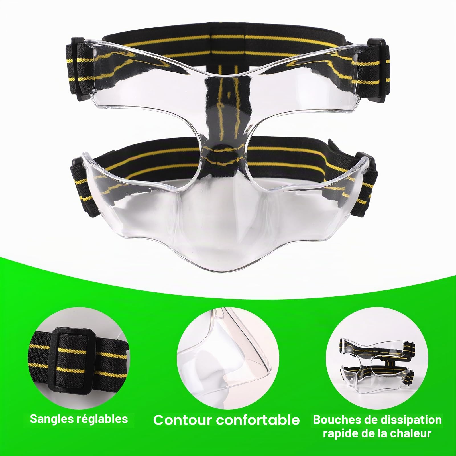 Protège Nez Cassé, 15x9,5cm Protège Nez Jaune Noir Masque pour Nez Cassé de Sport Réglable avec Rembourrage Protection du Nez pour Le Basket-Ball Football Baseball (Demi-Couverture)