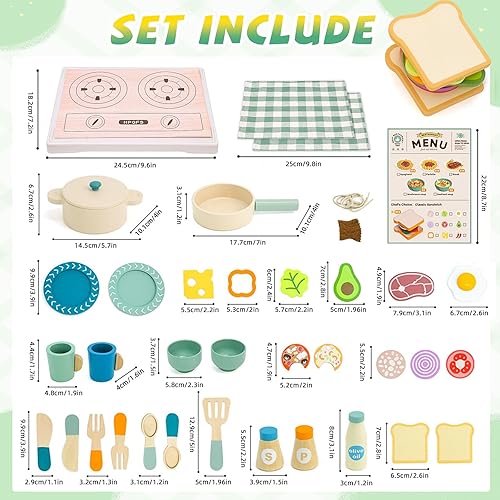 Miniatura 4 de Juego de cocina de madera, juego de accesorios de cocina para niños, incluye platos, ollas, cuencos, sartenes, cubiertos, incluye comida falsa,