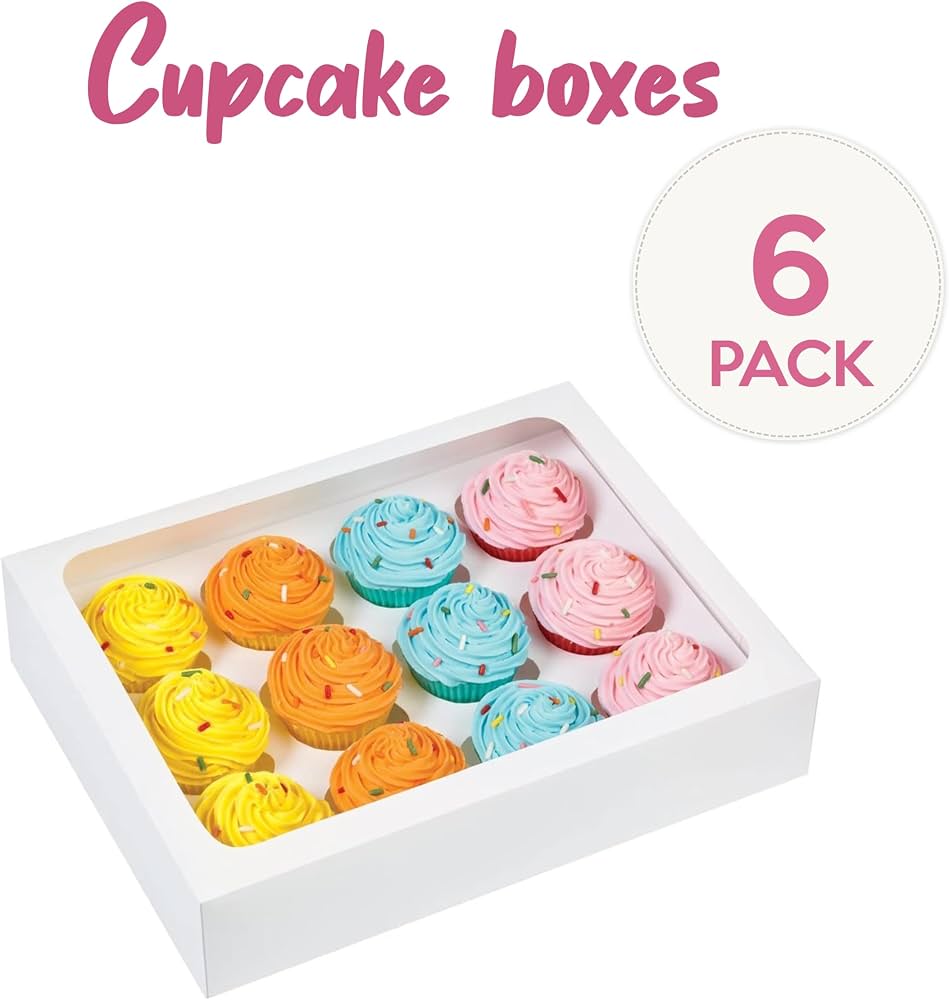 LONGTEAM 6 scatole per cupcake, cupcake, muffin con finestra, ideali per decorare torte e cupcake, 12 fori, 32,5 x 25 x 9 cm (6