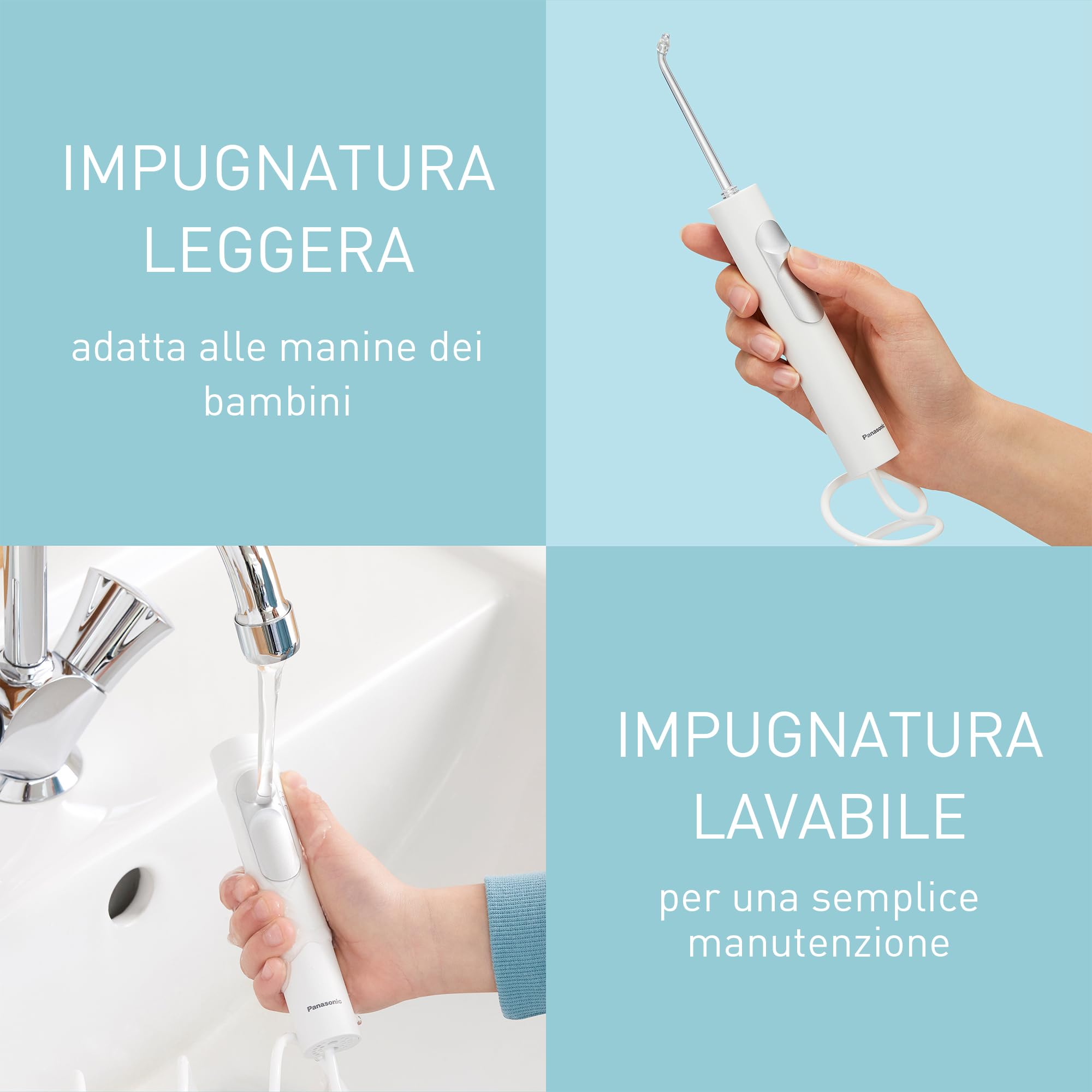 Panasonic EW1614AW503 PACK Irrigatore Orale per la Famiglia, Idropulsore per Denti, Getto Ultrasonico, Modalità Bambino, 10 Impostazioni di Pressione, IPX7, Ortodontico, 5 ugelli, Bianco