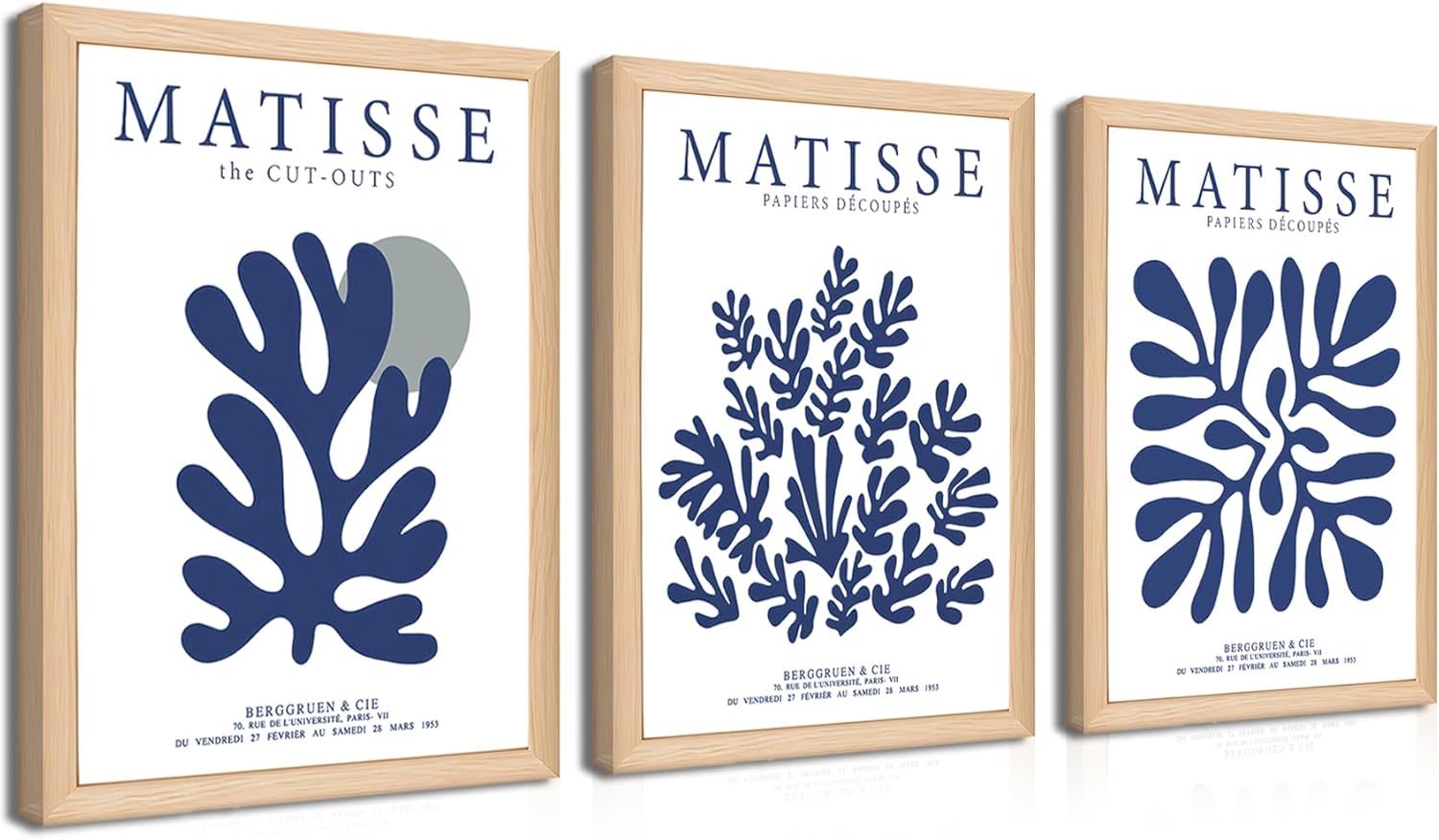 Wood Frame Matisse Wall Art Set of 3, Abstract Blue Henri Matisse Canvas Posters Prints, Navy Blue Flower Aesthetic Wall Decor Paintings for Living Room Bedroom Bathroom 12x16 In Light Framed Dark Blue Matisse Wood Frame 12x16Inch