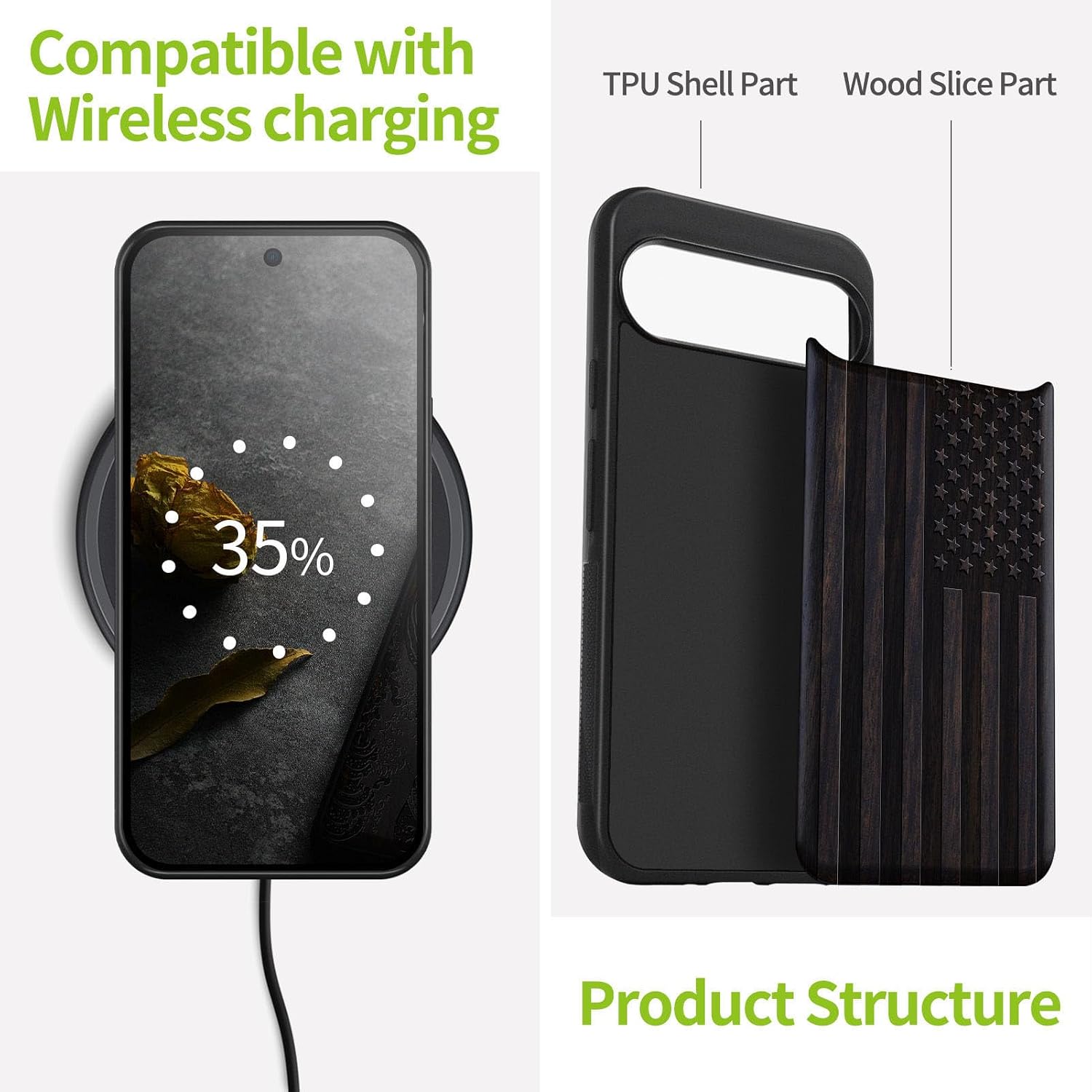 Carveit Wood Case for Pixel 9 - Natural Wood & Black Soft TPU Shockproof Protective Cover - Unique Wooden Case Compatible with Google Pixel 9 (American Flag-Blackwood)