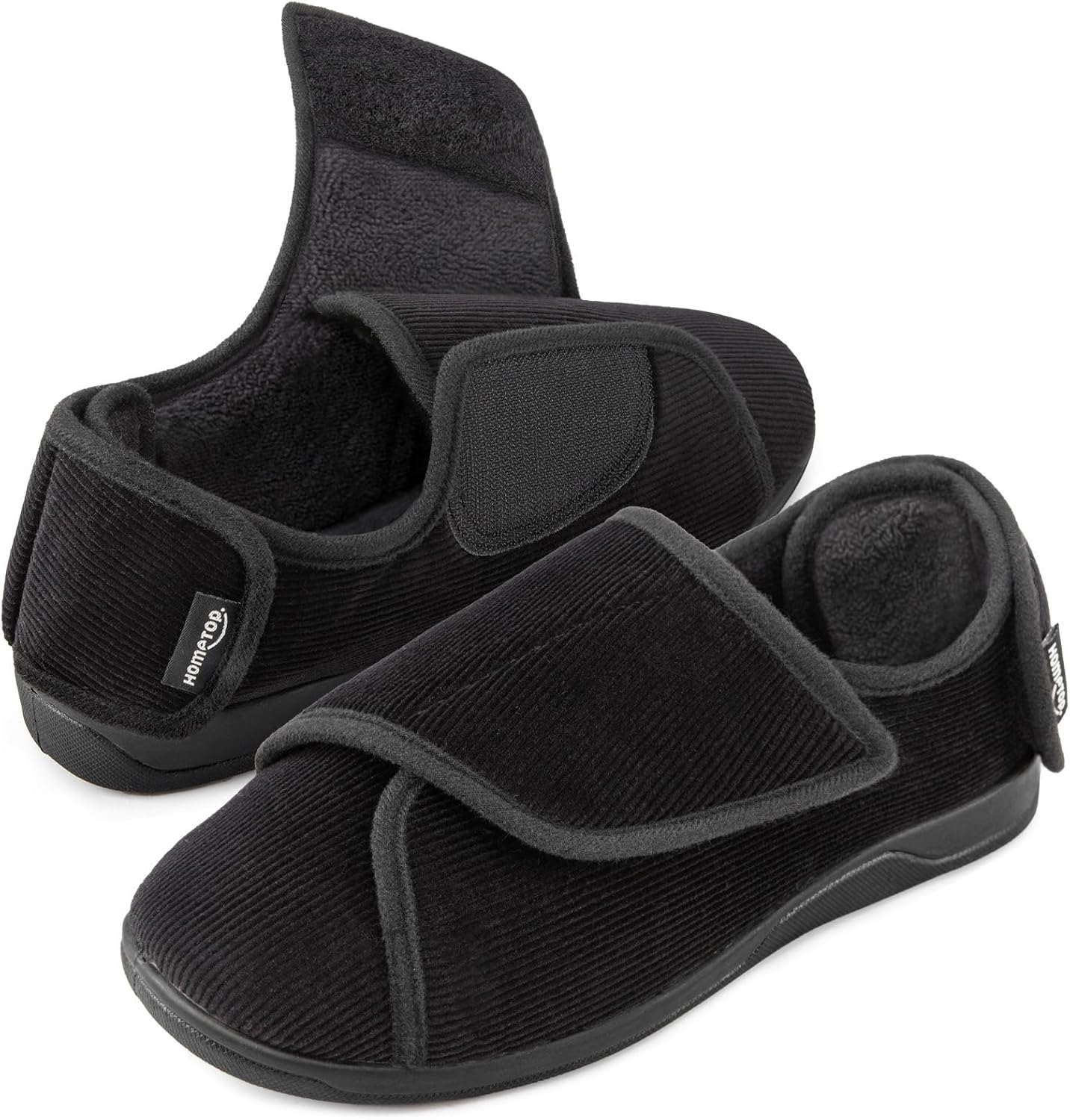 HomeTop Men's Corduroy Slippers Comfy Adjustable Hook and Loop Memory Foam Wide Indoor House Shoes