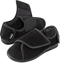 HomeTop Men's Corduroy Slippers Comfy Adjustable Hook and Loop Memory Foam Wide Indoor House Shoes